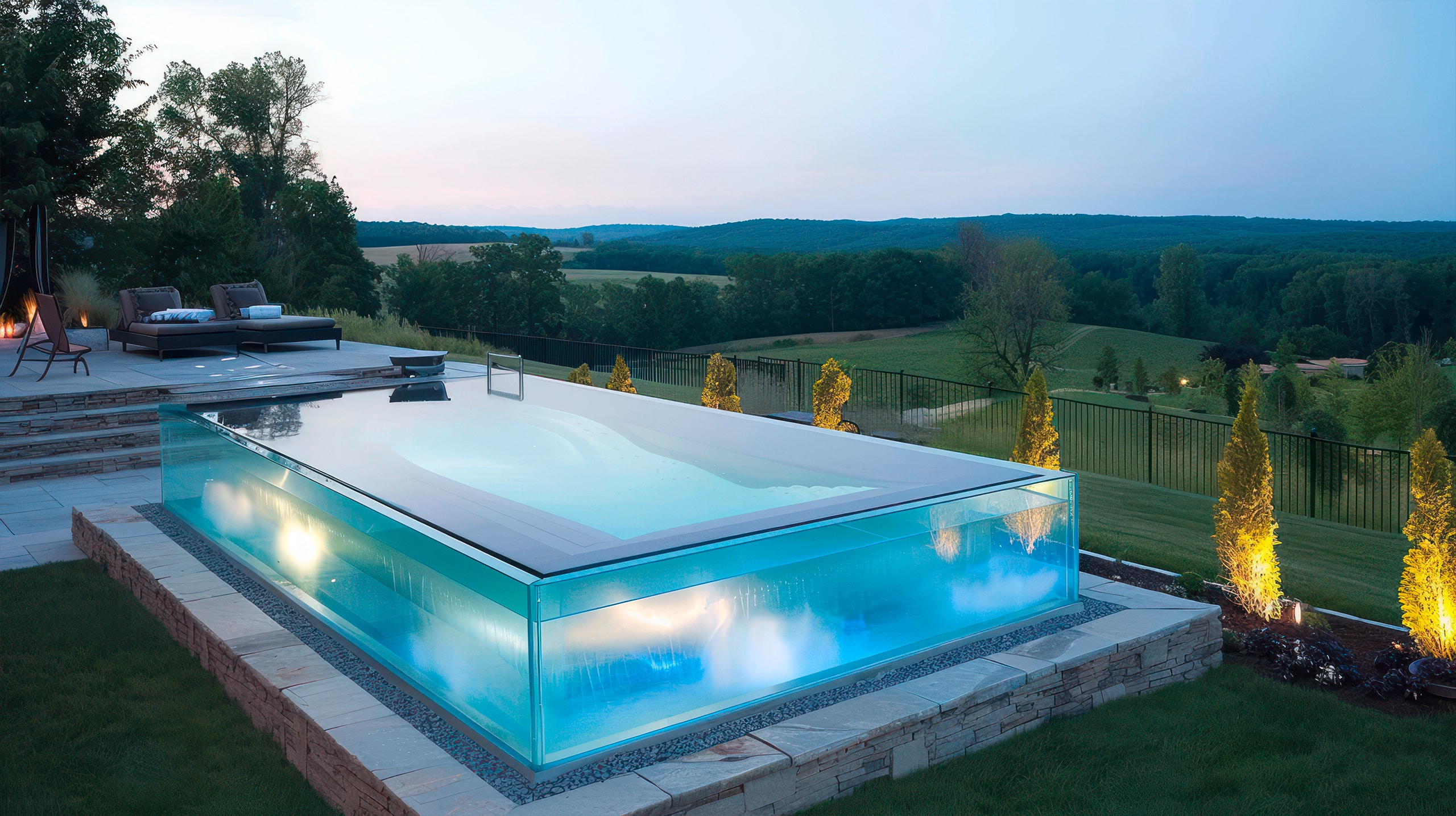 Luxuriöser Infinity-Pool mit Glaswänden und Blick auf eine malerische Landschaft in der Abenddämmerung.