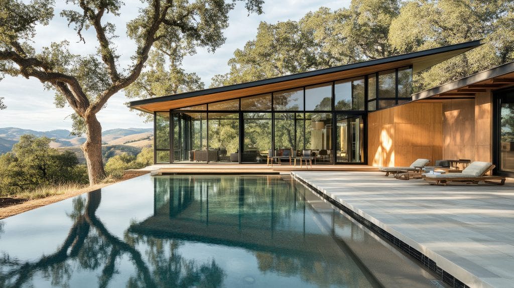 Ein modernes Haus mit schrägem Flachdach, goßen Glasfenstern als Fassadenelemente neben einem glitzernden Swimmingpool inmitten einer naturbelassenen Hügellandschaft.
