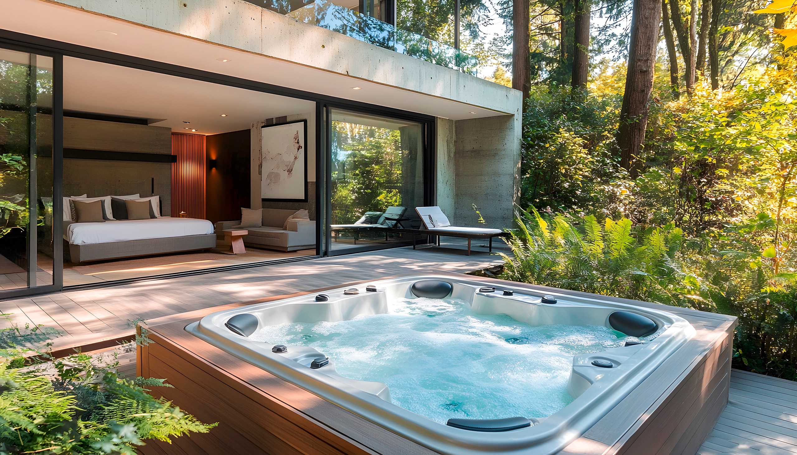 Moderne Terrasse mit sprudelnden Outdoor-Whirlpool, umrahmt von üppigem Grün, strahlt Ruhe und Luxus aus - perfekt zum Entspannen im Freien.
