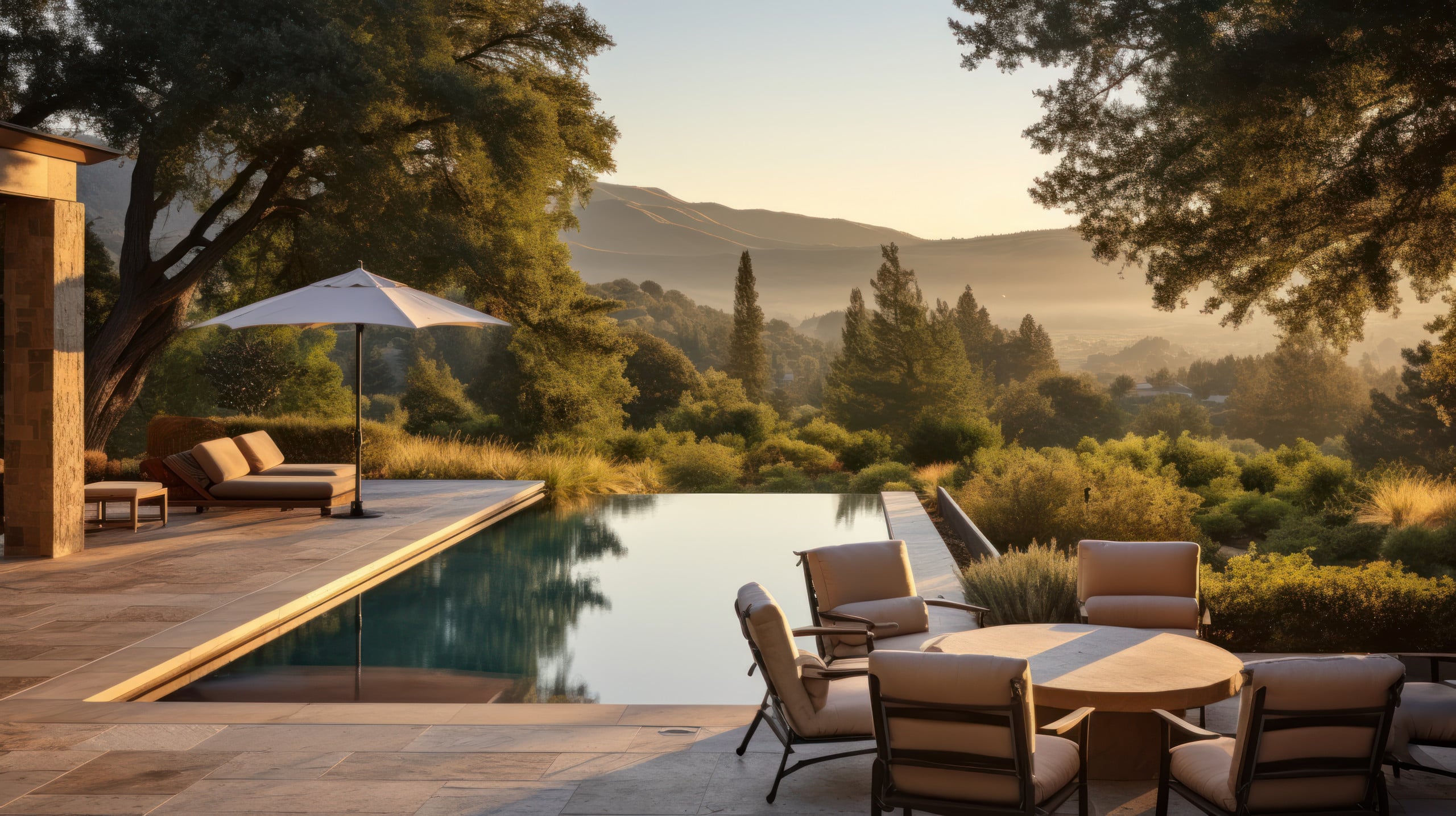 Luxuriöse Villa mit großzügigem Infinitiy-Pool und Steinterrasse in grandioser, sanfthügeliger Landschaft in Abendstimmung.