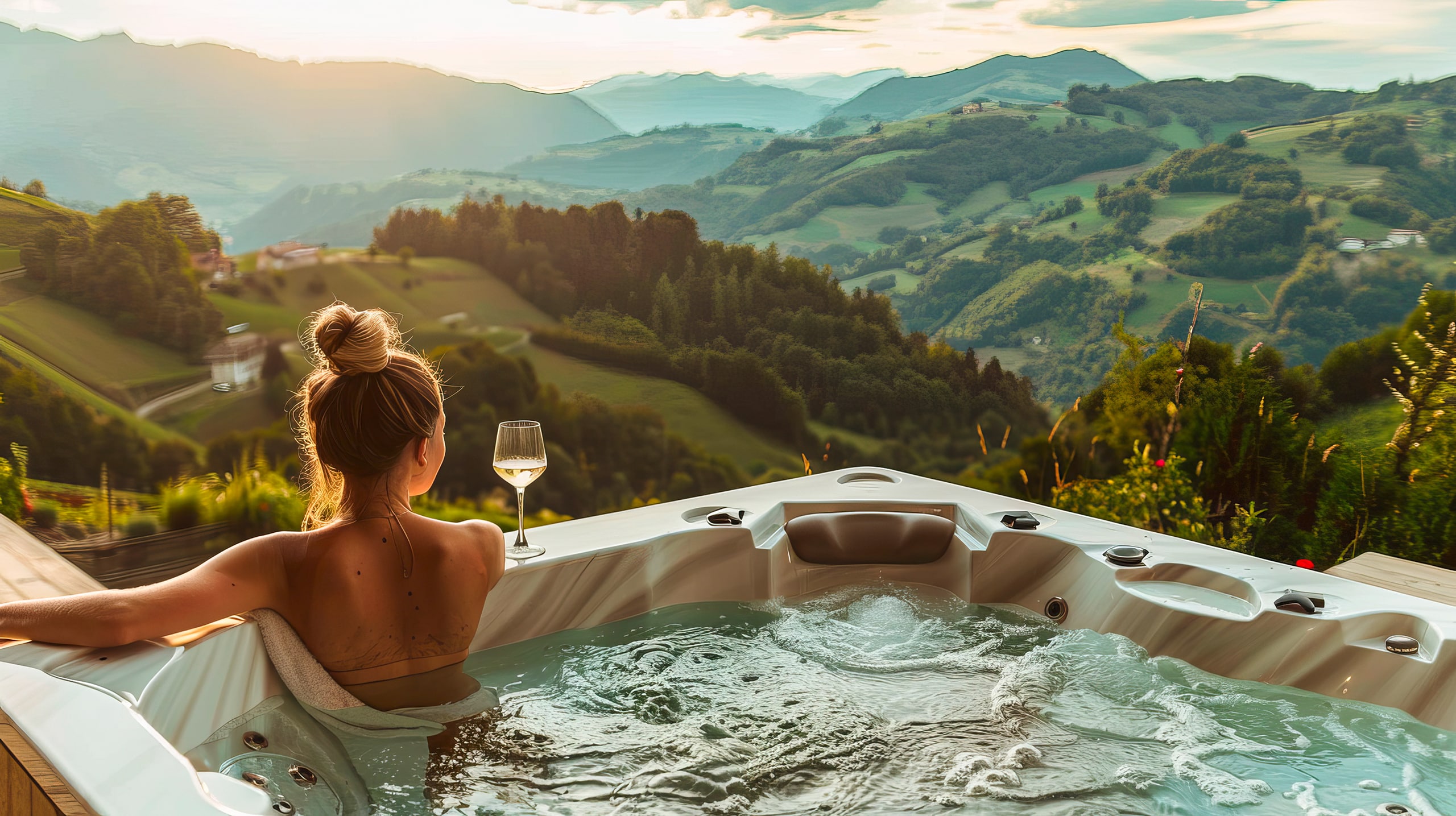 Junge Frau mit einem Glas Wein im Outdoor-Whirlpool genießt die atemberaubende Aussicht auf die herrliche Hügellandschaft mitten in der Natur.
