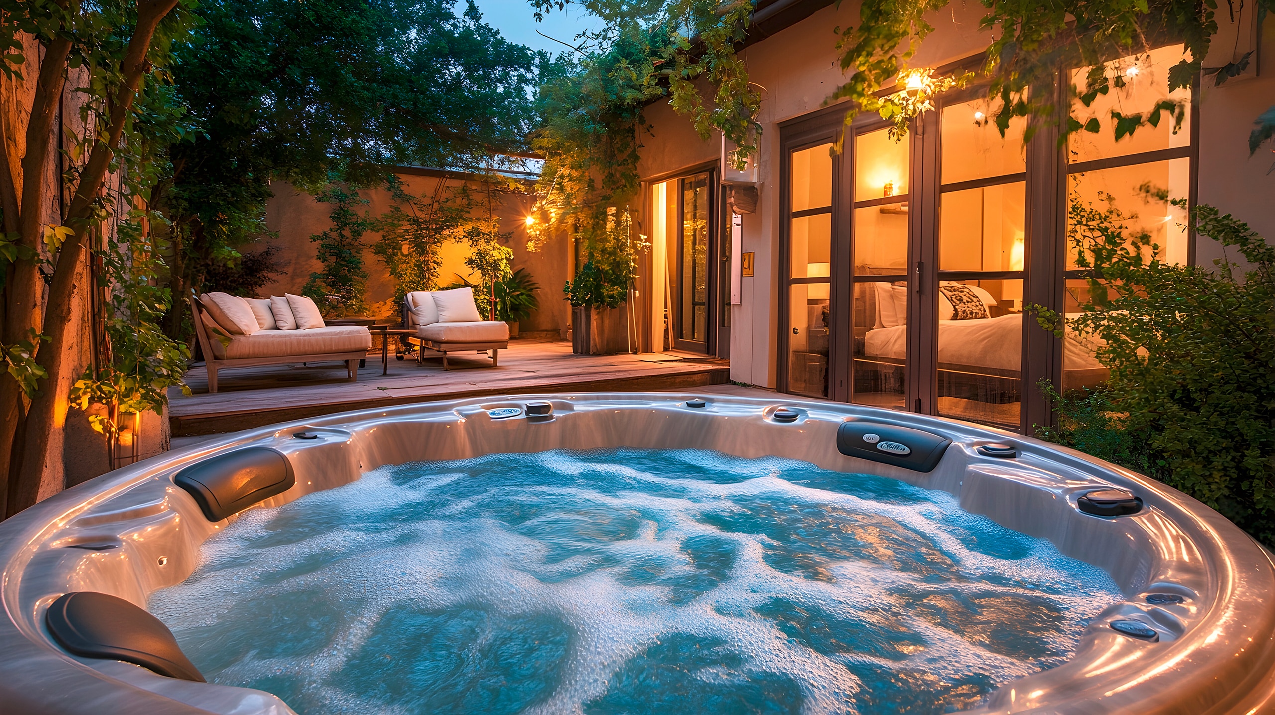 Sprudelnder Outdoor-Whirlpool mit sprudelndem Wasser im edlen Hinterhof mit Garten als entspannendes Outdoor-Spa.