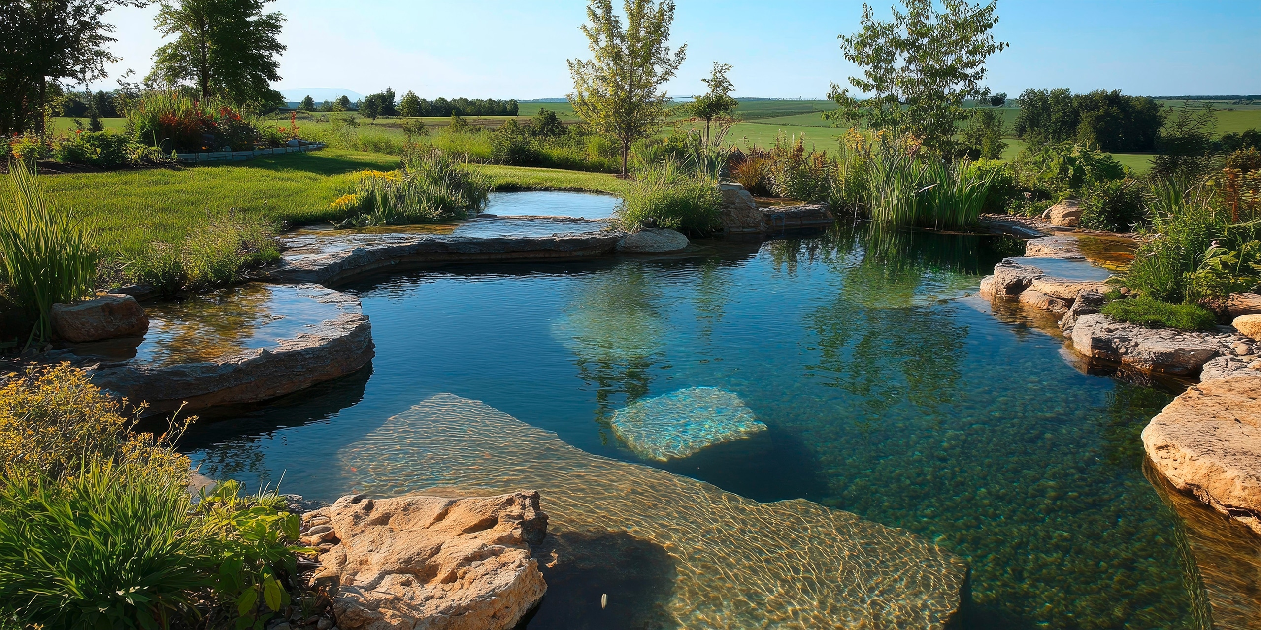Naturschwimmteich mit große Steinen und Felsen, Pflanzen- und Schilfbereiche und glasklarem Wasser, umgeben von üppigem Grün und ländlicher Natur.