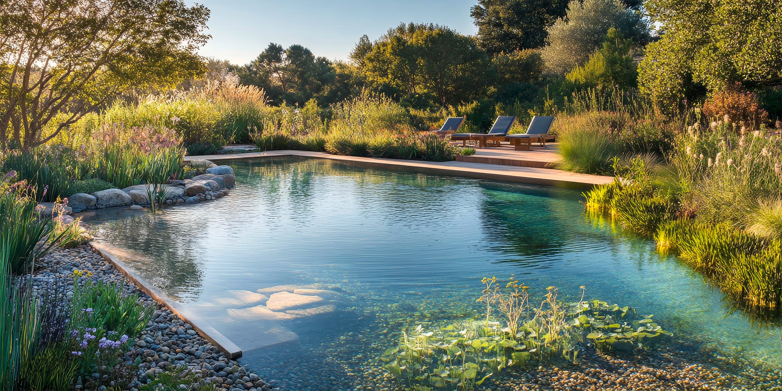 Professionell angelegter Naturschwimmteich, Steinen, Pflanzen- und Schilfbereiche und glasklarem Wasser, mit einladender Holzterrasse auf 2 Ebenen. Die Umgebung profitiert von üppigem Grün und ländlicher Natur.