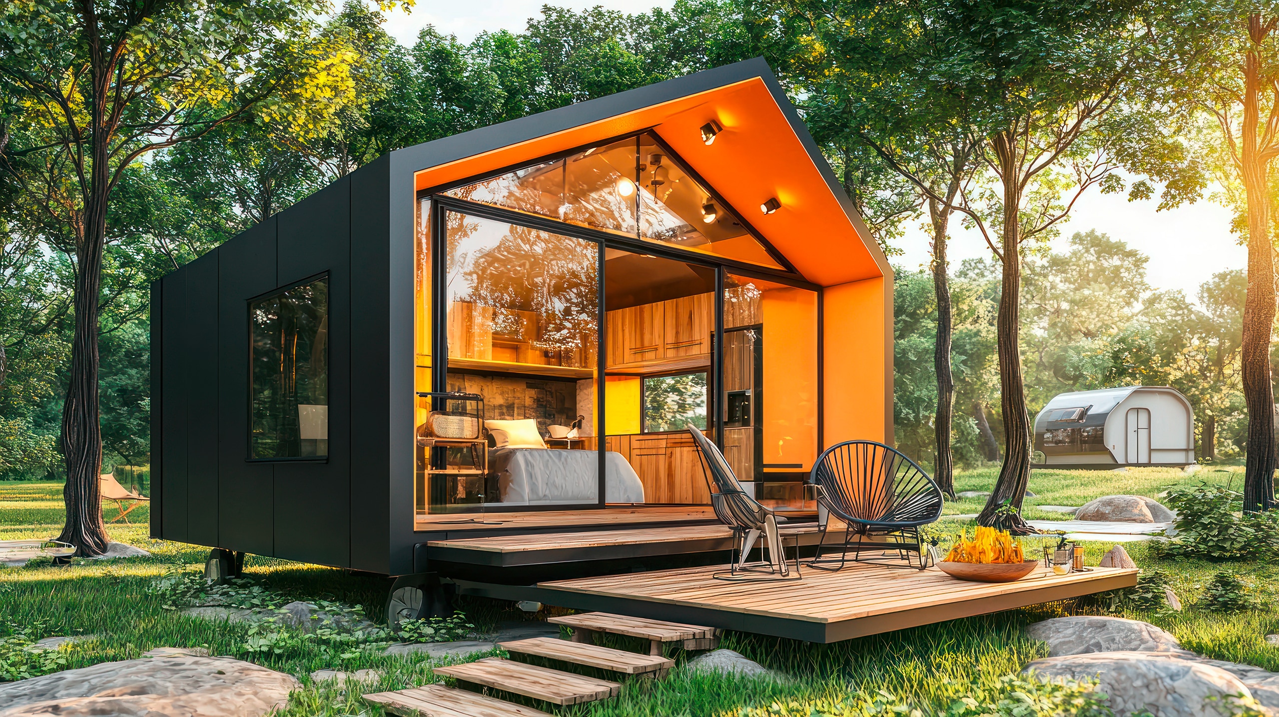 Modernes Tiny House mit Glasfront, großzügiger Holzterrasse mit Stufen und Beleuchtung unter dem Dach in herrlicher NAtur.