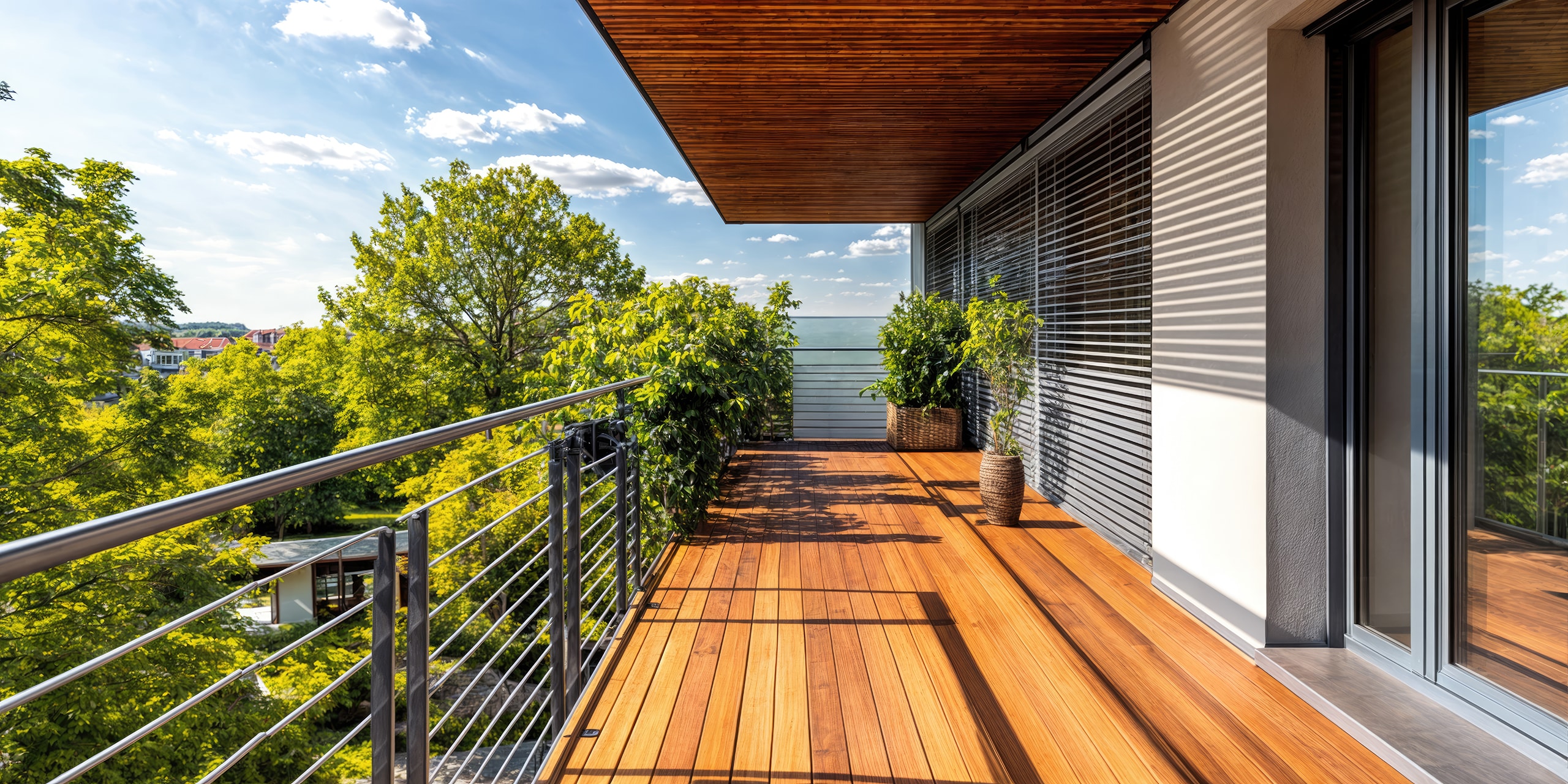 Balkon mit Holzboden und Blick auf grüne Bäume in einem modernen Wohngebäude.