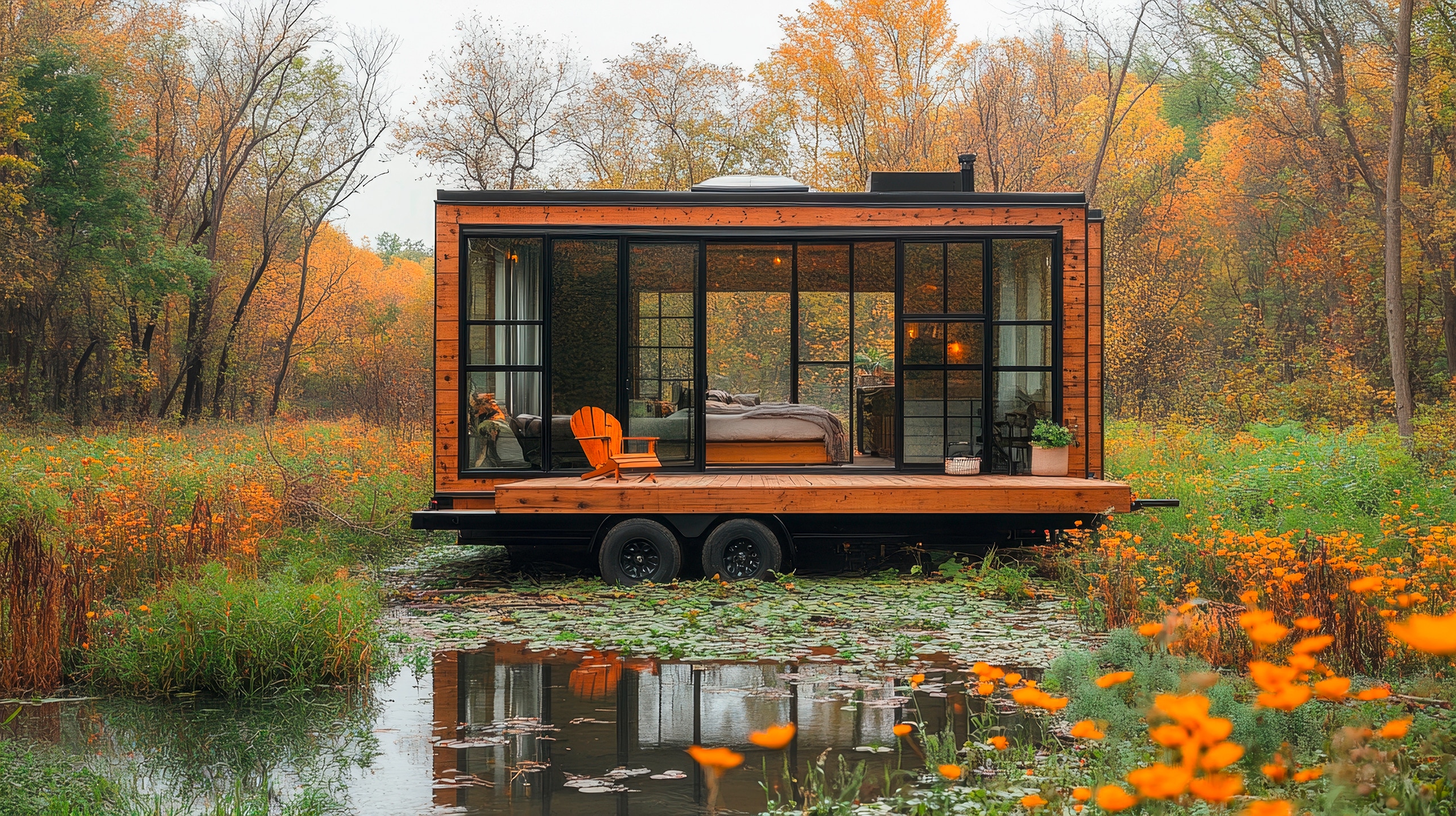 Minimalistisches Tiny House auf einem Fahrgestell mit großen Schiebeelementen aus Glas, einer Holzterrasse in einer herbstlichen Landschaft.