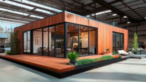 Modulares Haus mit eleganter Holzverkleidung und großen Glasfenstern, ausgestellt in der Produktionshalle des Herstellers.