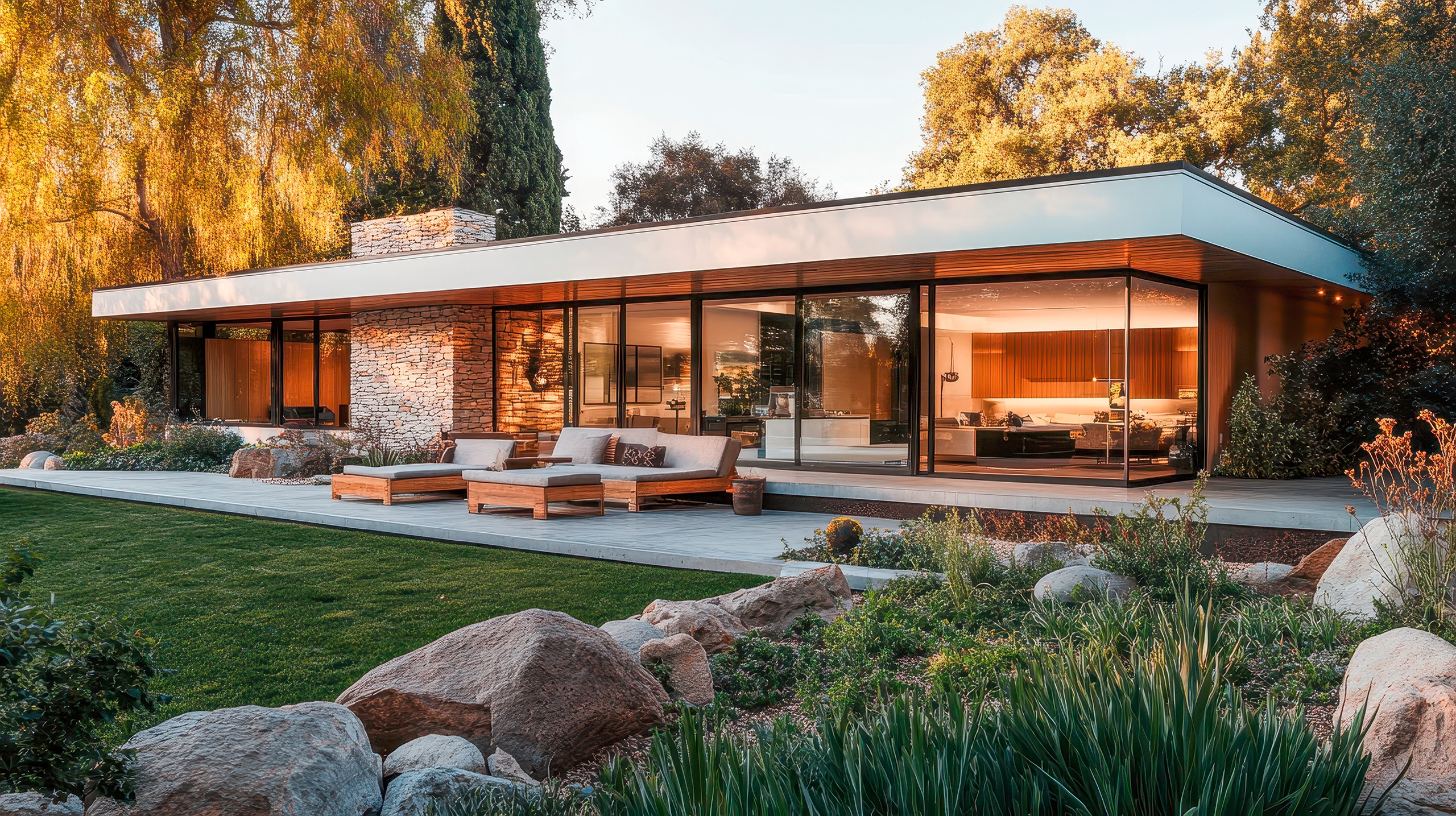 Gemütliches, einstöckiges, modernes Haus mit Flachdach und einer Mischung aus Stein-, Holz- und Glaselementen.