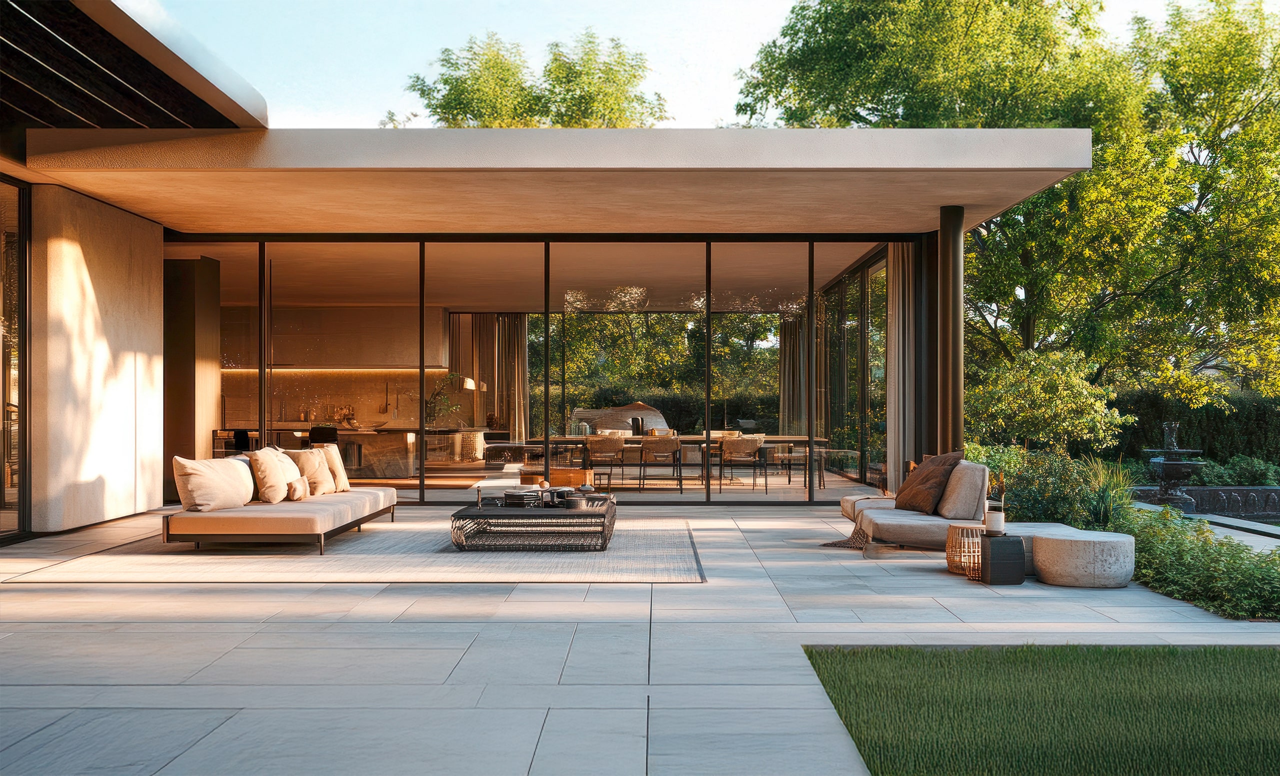 Moderner Wohnraum im Freien mit elegantem Design der Lounge-Möbel, freiliegendem Teppich und den Accessoires sowie schlichter, ansprechender Gartengestaltung.