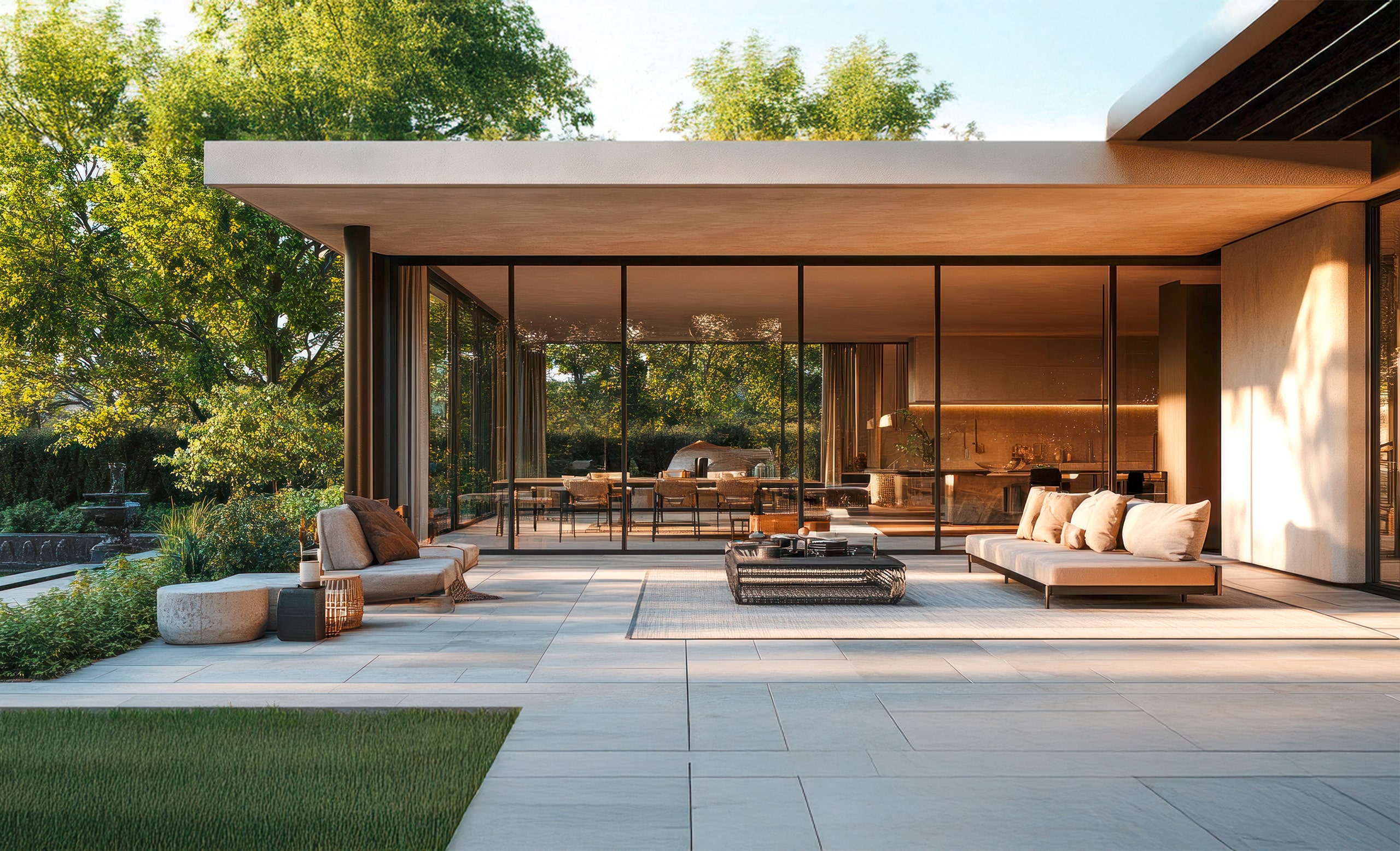 Moderner Wohnraum im Freien mit elegantem Design der Lounge-Möbel, freiliegendem Teppich und den Accessoires sowie schlichter, ansprechender Gartengestaltung.