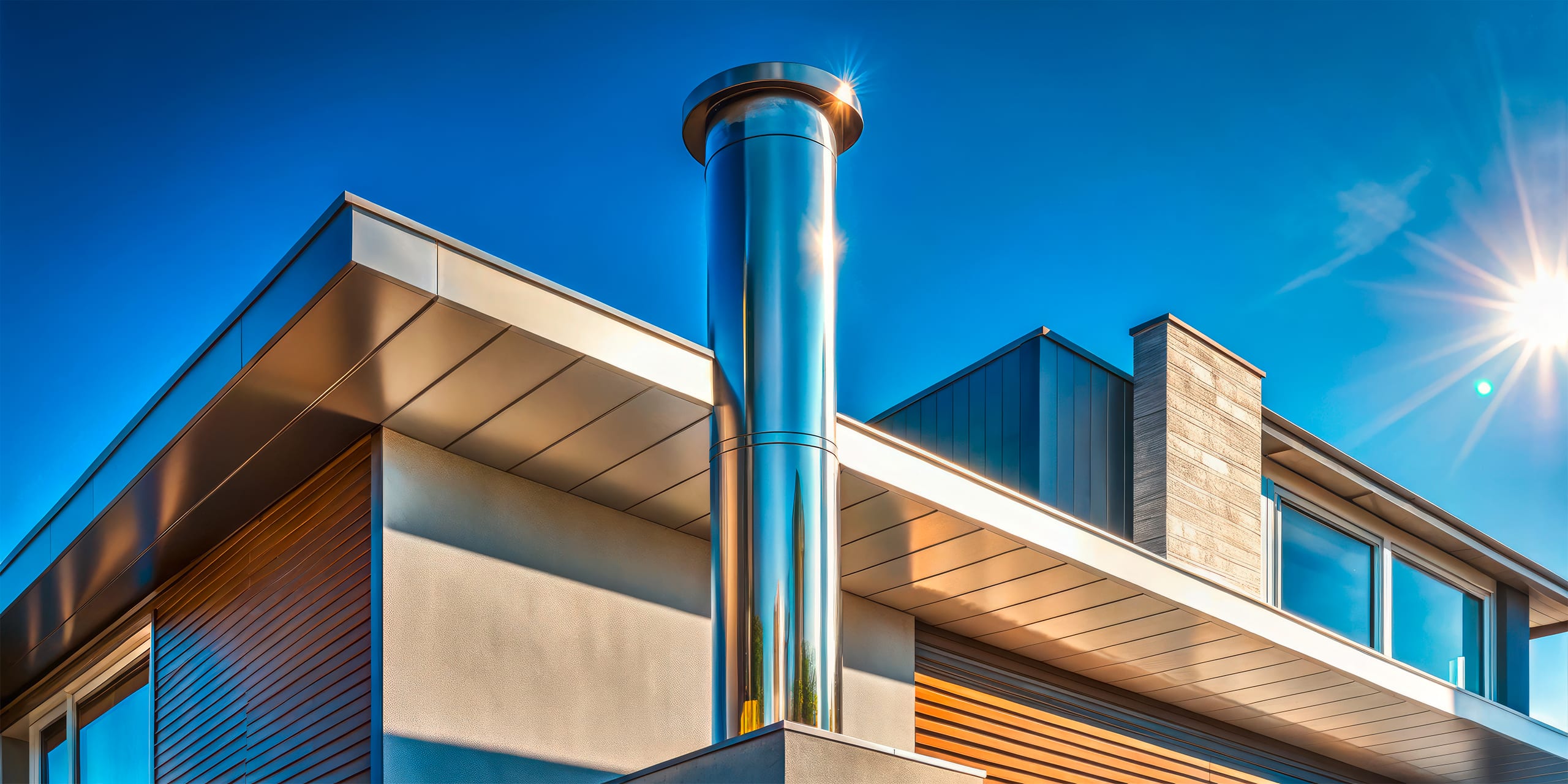 Modernes Schornsteinrohr (Rauchfang) aus Edelstahl auf dem Dach: Ästhetische Ansichten urbaner Architektur und modernen Wohndesigns vor strahlend blauem Himmel – für stilvolles Wohnen.