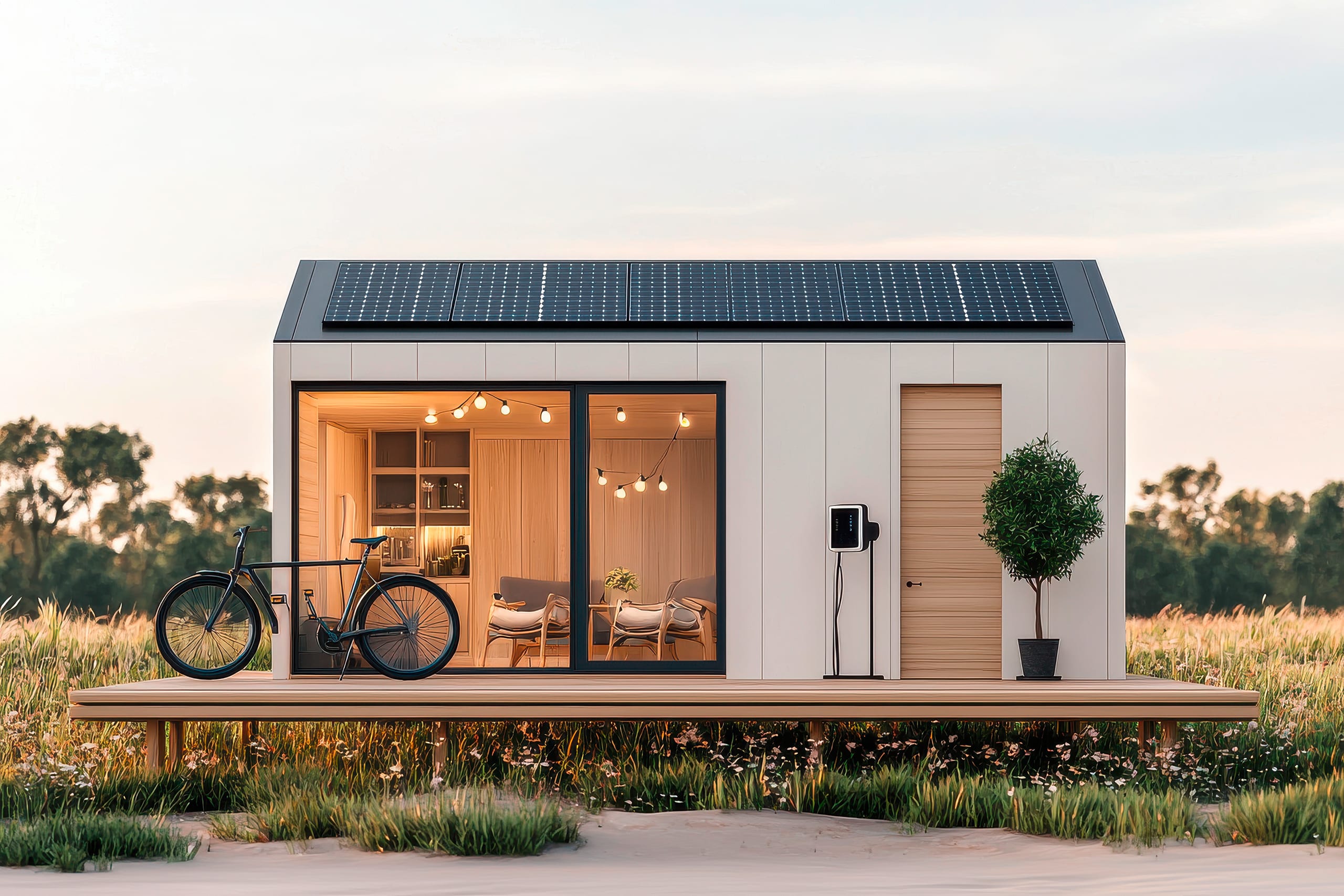 Modernes, umweltfreundliches Tiny House mit Solarzellen, großen Fenstern und einer Holzterrasse, umgeben von Natur und mit einem Fahrrad.