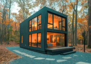 odernes zweistöckiges Haus mit großen Fenstern, die bei Dämmerung von innen beleuchtet werden. Perfekt für die Präsentation moderner Architektur, nachhaltigen Lebensstils oder ruhiger Umgebungen.