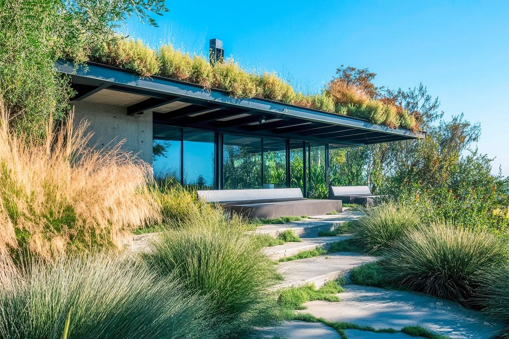 Modernes Haus mit Gründach, umgeben von einheimischen Gräsern und Pflanzen, liegt in den Hügeln von Los Angeles. Große Fenster sorgen für viel Tageslicht im Innenraum.