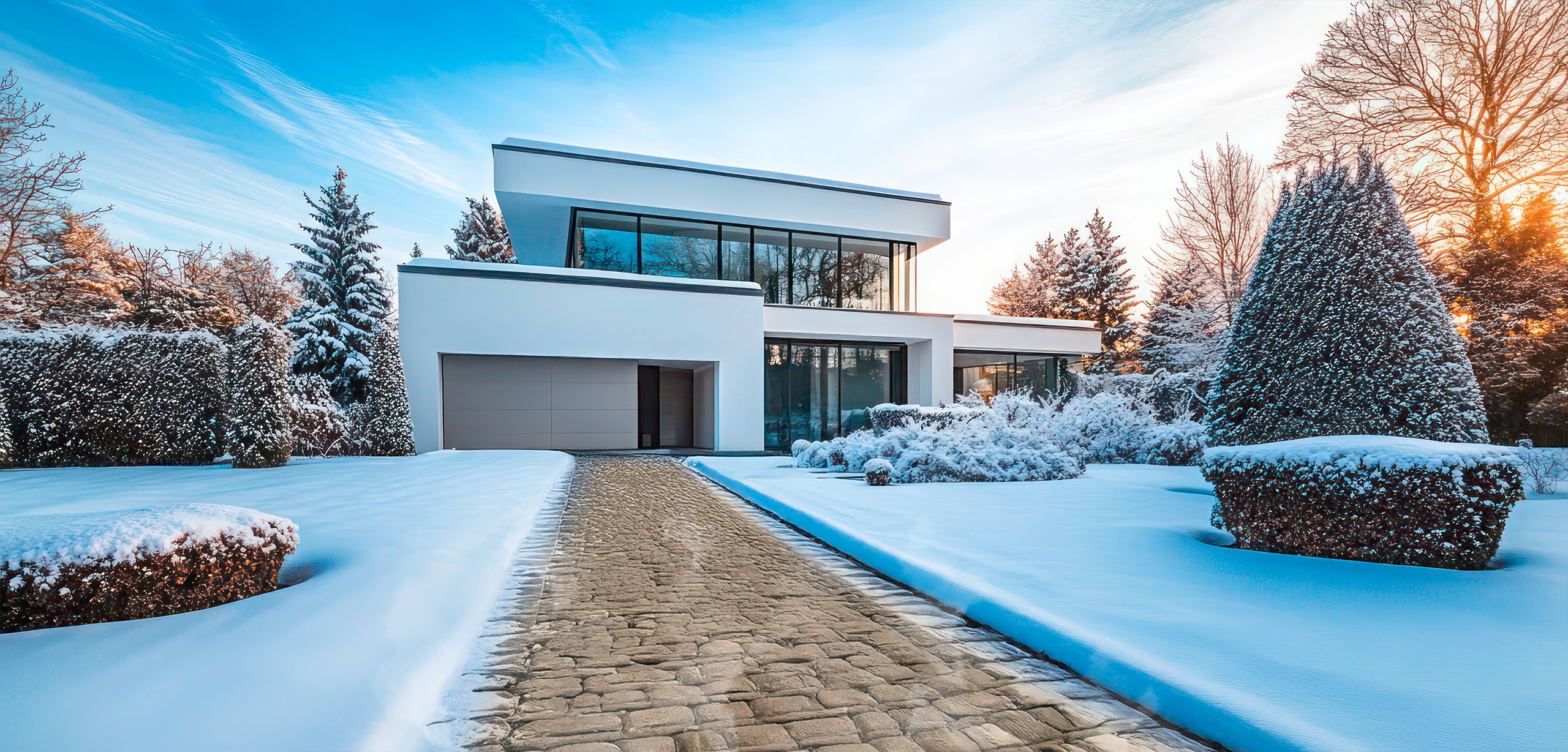 Luxuriöse, moderne Villa mit schneefreier Auffahrt via darunter verlegtem Heizkabelsystem, makellosem Garten und minimalistischer Architektur, die durch die Winterlandschaft akzentuiert wird.