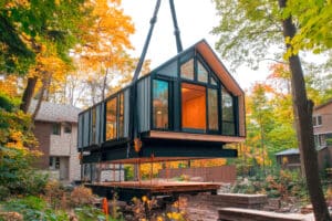 Modernes Tiny House wird mit einem Kran hochgehoben und wird auf das Zielgrundstück transportiert. Eingebettet zwischen herbstlichen Bäumen. Die Szene veranschaulicht nachhaltige, effiziente Wohnlösungen für umweltbewusstes Wohnen.