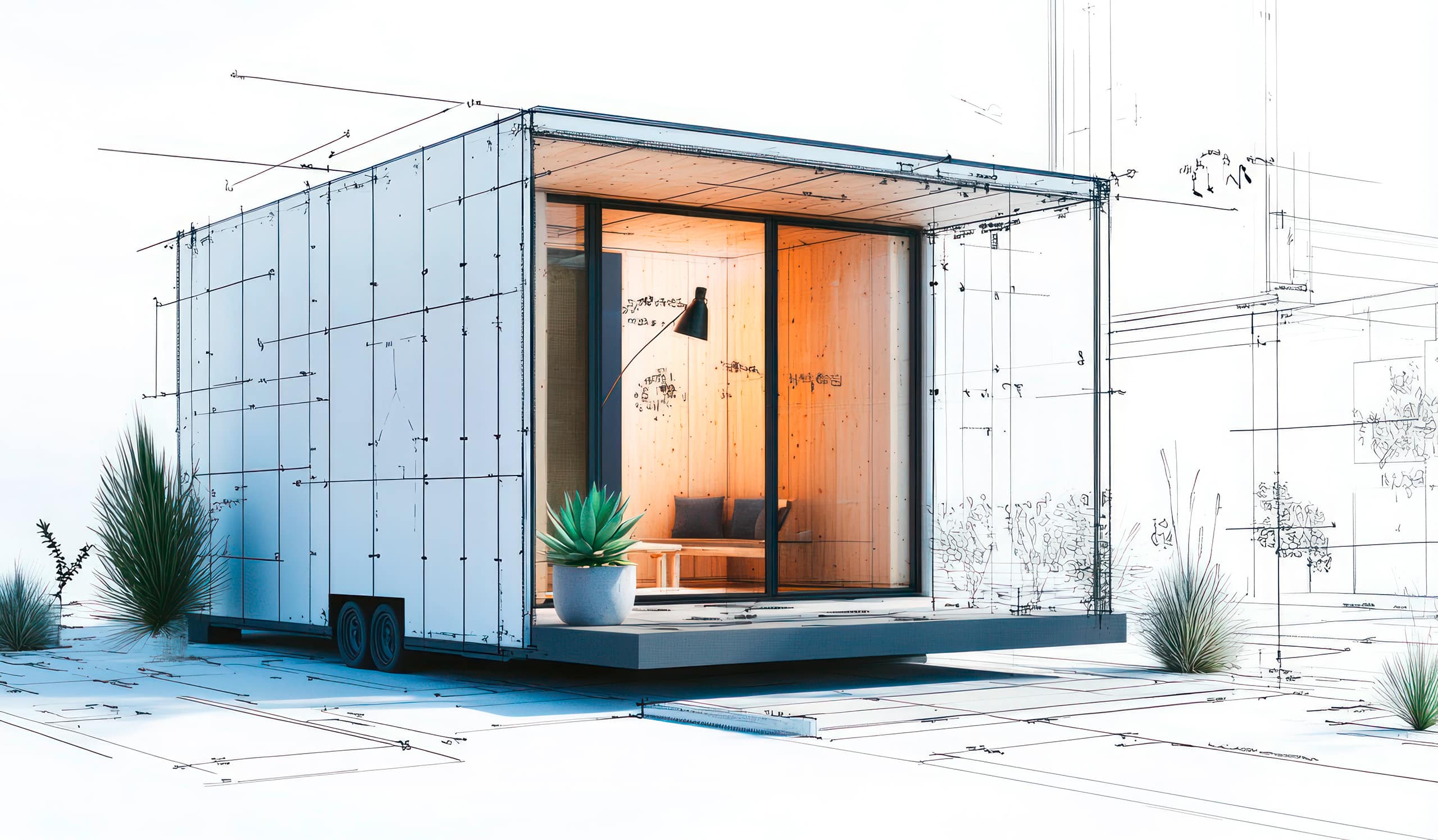 Digitale Skizze eines mobilen Tiny Houses mit einem Fahrgestell mit Bemaßungen.