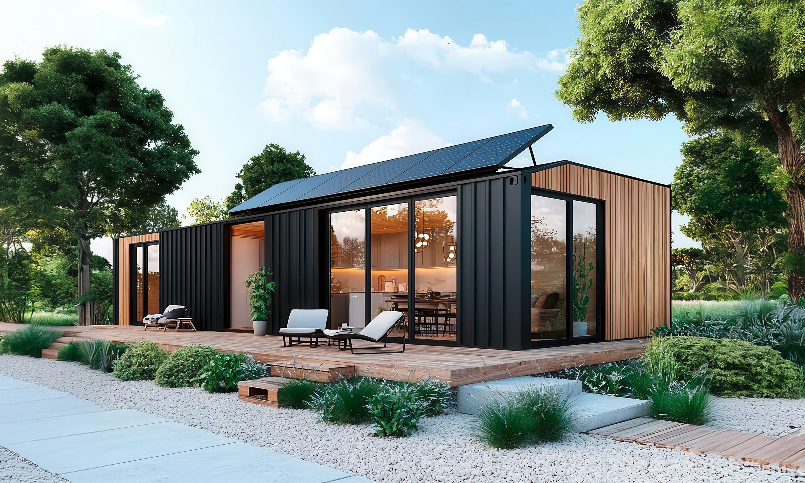 Minimalistisches PopUp-House mit Solarmodulen und Querlüftung für mehr Nachhaltigkeit und Passivhaus-Standard.