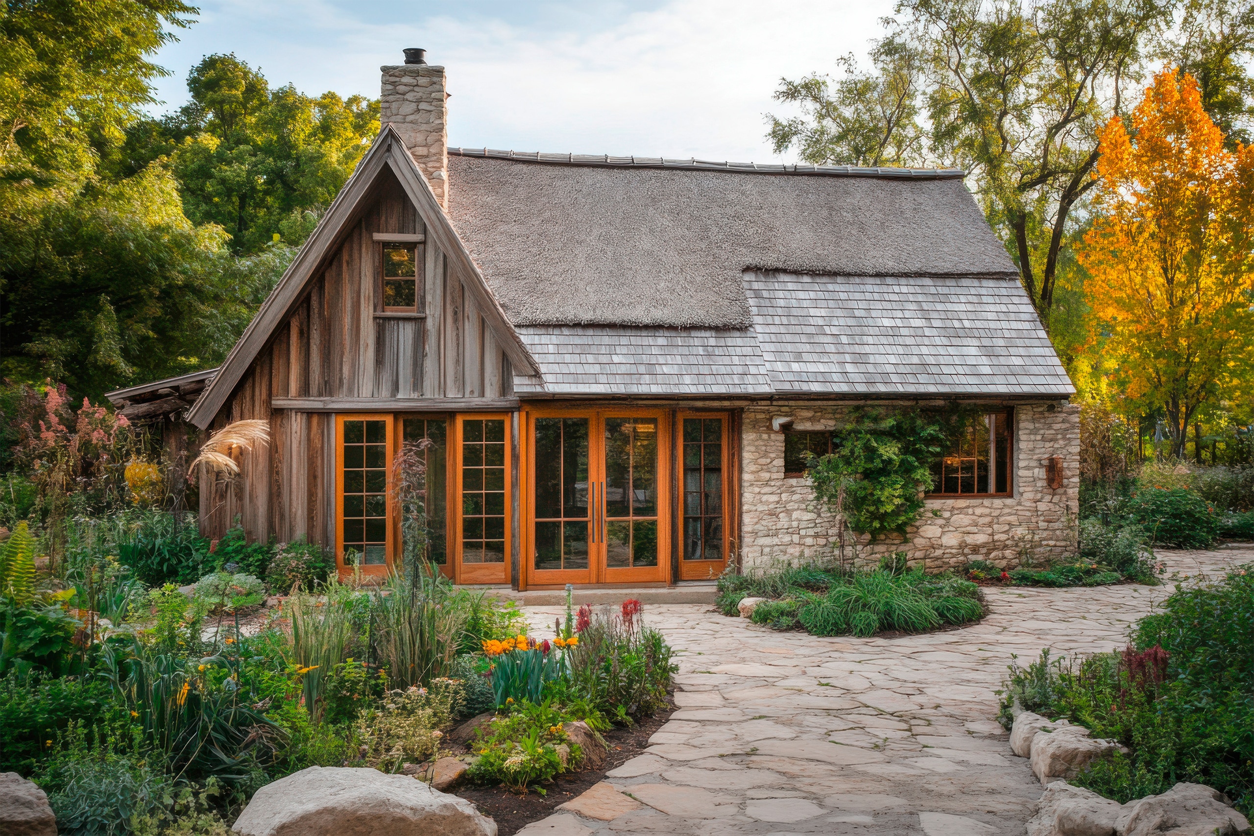Bezauberndes, rustikales Cottage mit rustikalen Holzfenstern und einer breiten Eingangstür, umgeben von üppigen, lebendigen Gärten, eingebettet in eine ruhige Umgebung, das im goldenen Licht der Abenddämmerung wunderschön erstrahlt.
