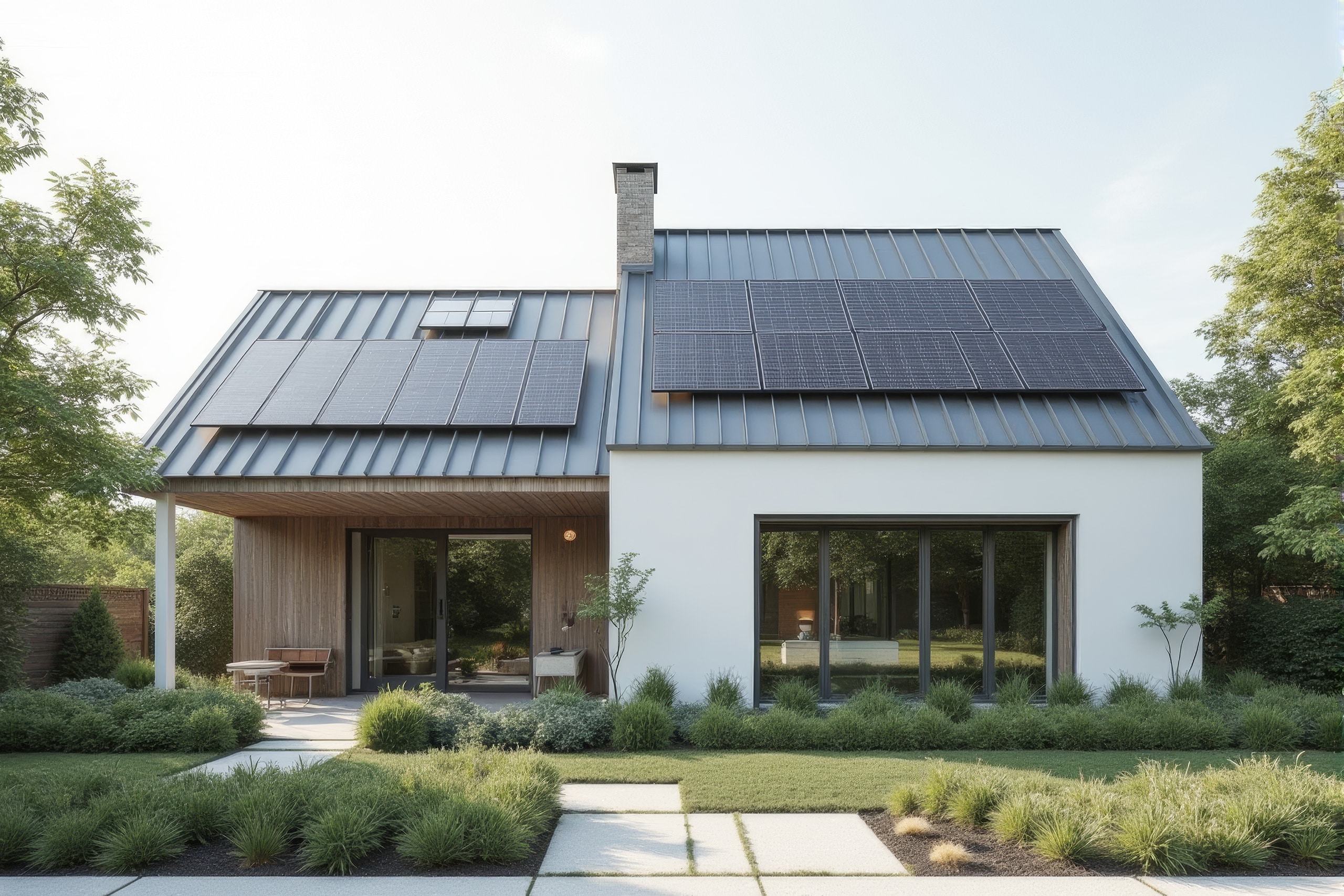 Modernes Haus mit eleganten, in ein Flachdach integrierten Solarmodulen, umrahmt von minimalistischer Landschaftsgestaltung.
