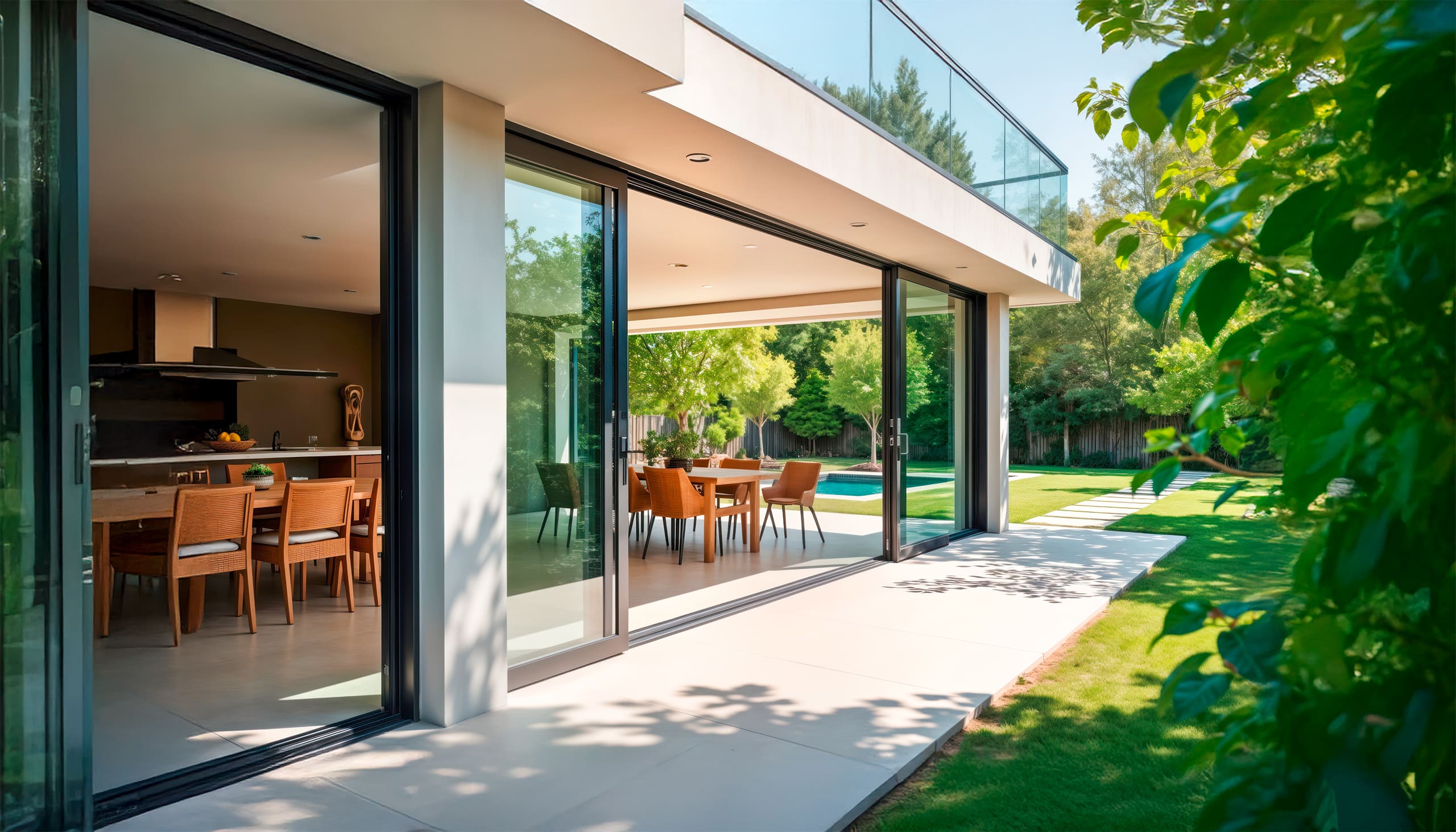 Modernes Haus mit dreifach verglasten Schiebetüren, die zur sonnigen Terrasse im Freien führen. Sitzmöbel um einen Holztisch angeordnet, im Hintergrund ist ein Pool zu sehen.