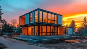 Baustelle mit einem im Fertigstellung befindlichem, zweistöckigem Modulhaus, innen beleuchtet, bei Sonnenuntergang.