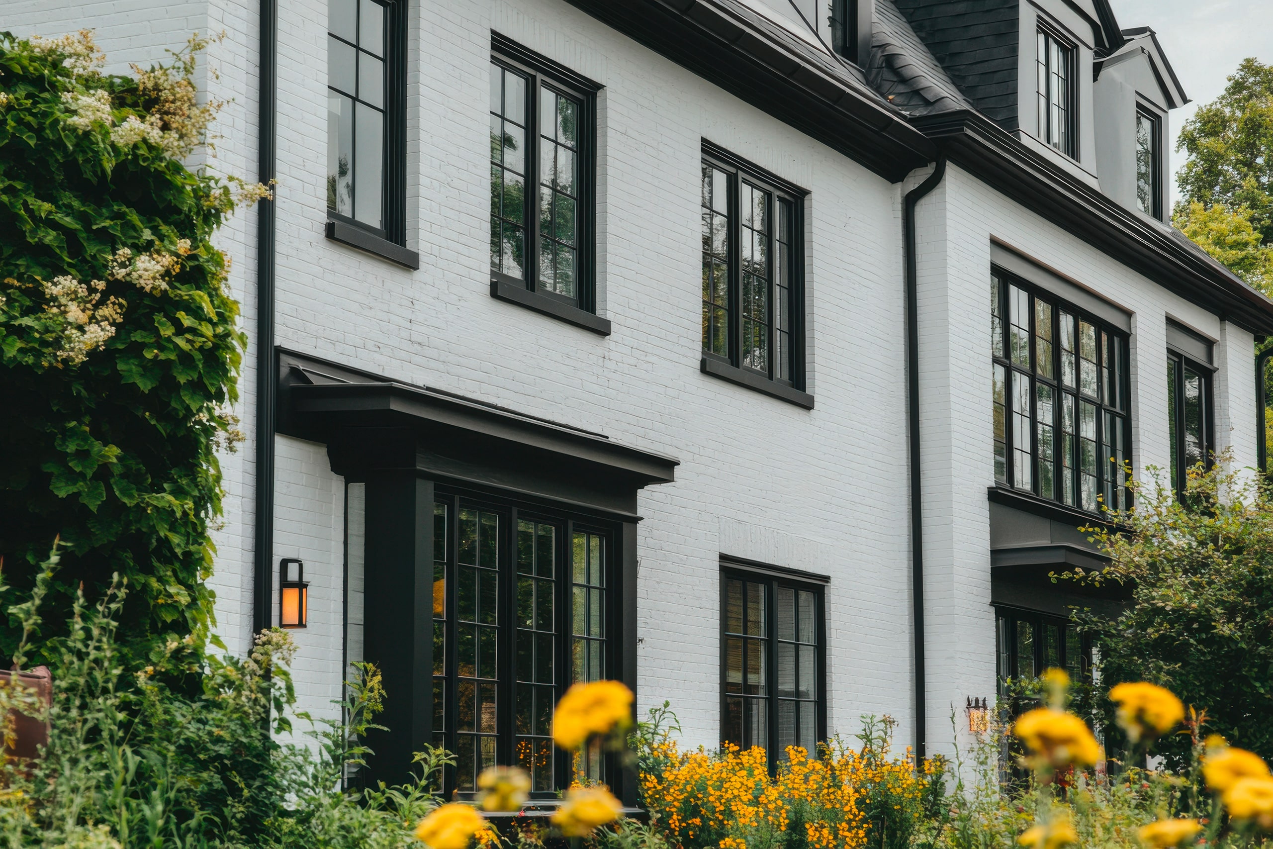 Eingebettet in eine ruhige Nachbarschaft, besticht dieses charmante weiße Haus durch markante schwarze Akzente mit Fenstern und Türen und ist von einem lebendigen Garten umgeben, der von sanftem Tageslicht erhellt wird.