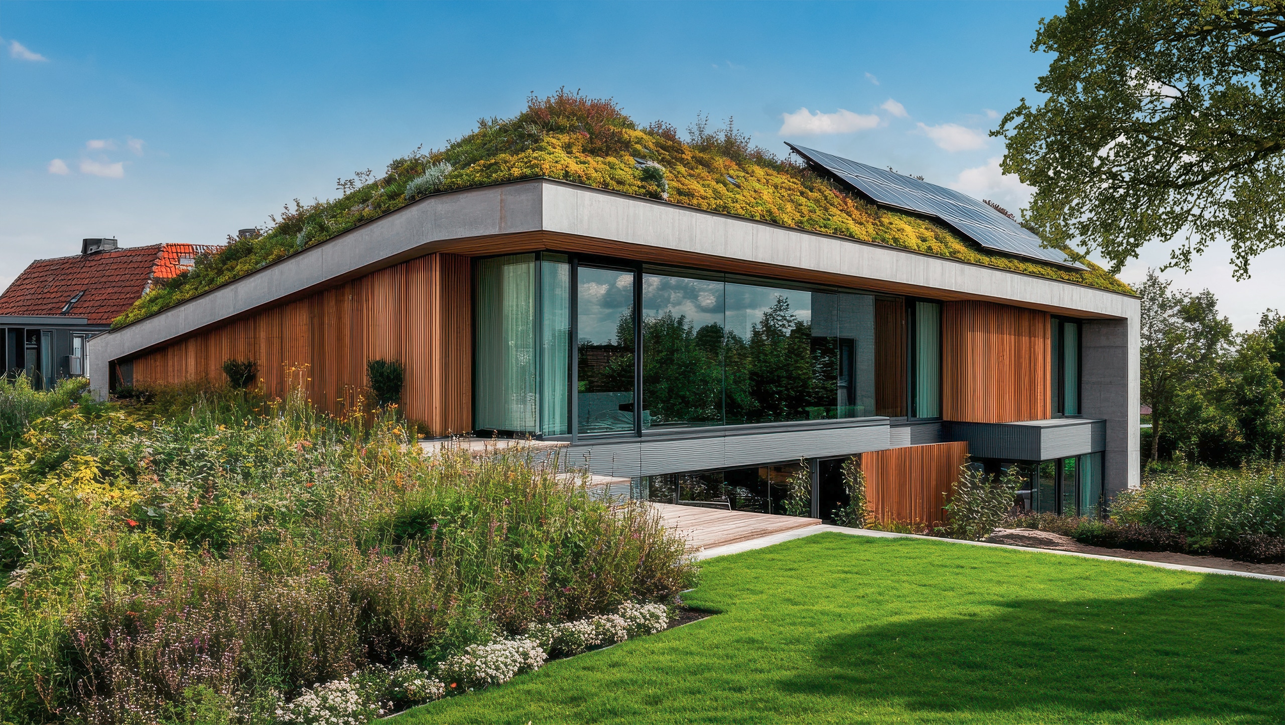 Modernes, nachhaltiges Haus mit Gründach und Solarmodulen in üppiger Landschaft.