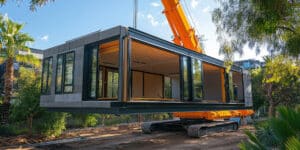 Modernes Modulhaus mit klarem Design, dass von einem Kran zum Baugrundstück transportiert wird.