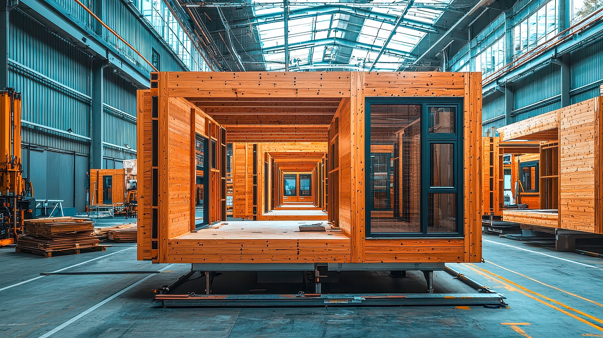 Moderne vorgefertigte Holzhäuser in modularer Bauweise aus Holz vor Ort in der Produktionshalle eines Werks.