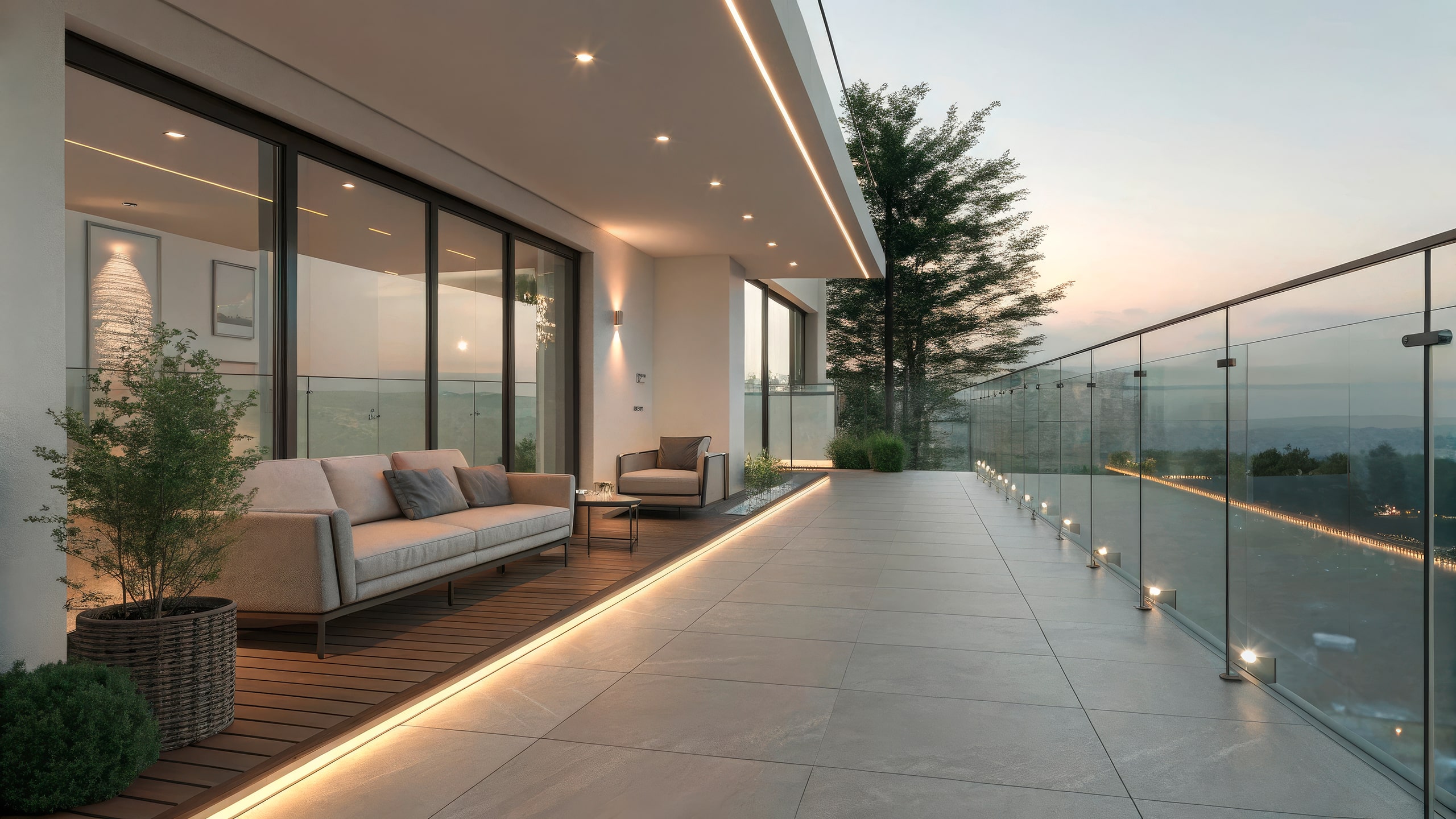 Transformative Abendentspannung, eleganter moderner Balkon, Wohnraum im Freien, städtische Umgebung, malerische Aussicht mit Glasgeländer und LED-Beleuchtung.