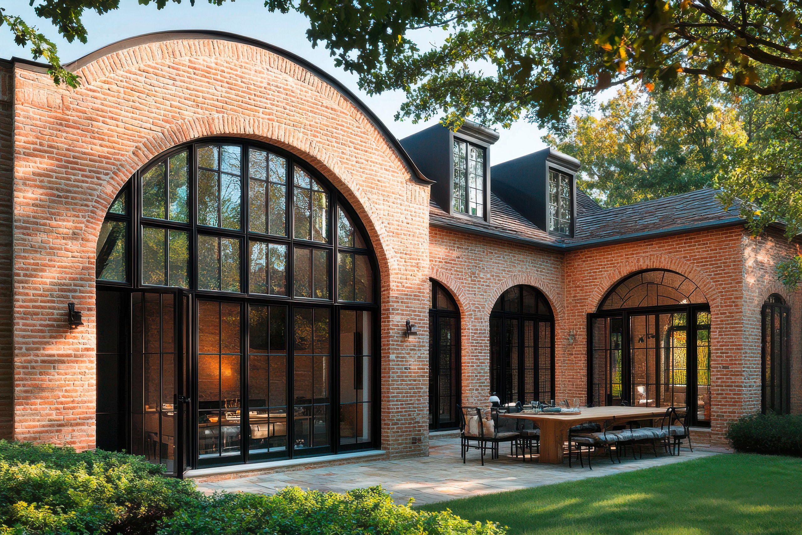 Wunderschönes Backsteinhaus im britischen Stil mit großen, schwarzen Bogenfenstern und einem geräumigen Essbereich im Freien, umgeben von Grün in einer ruhigen Wohngegend.