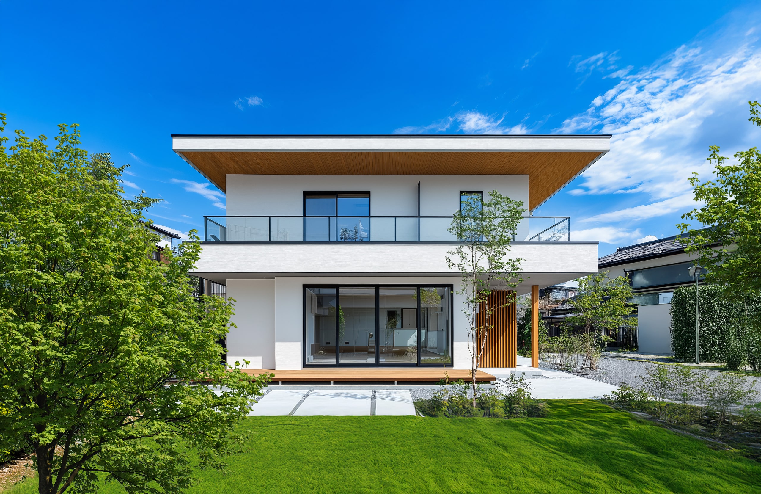 Modernen Fertighaus mit Flachdach, Dach-Untersicht und partielle Fassadenelemente in hellem Holz und großem Balkon und darunter liegender Holzterrasse mit Sicht auf den grünen Garten.