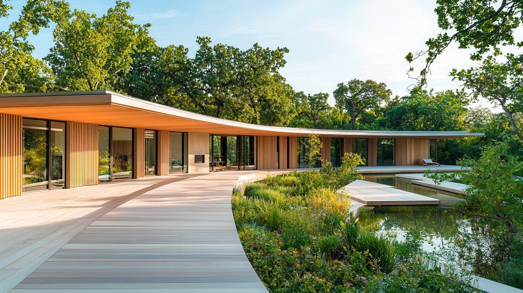Nachhaltige Architektur, passives Design. Moderne Architektur, die sich in einer ruhigen Landschaft mit der Natur verbindet.