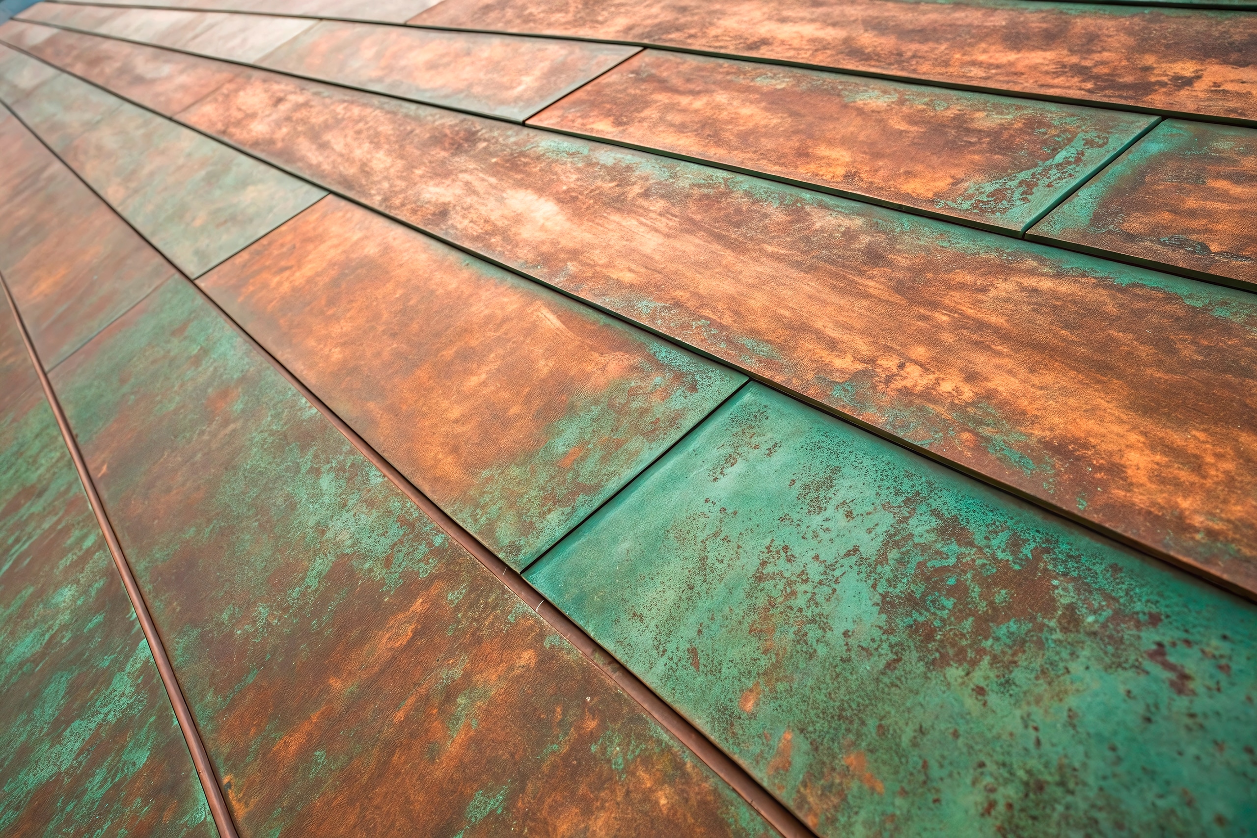 Gealterte Kupfer-Metalldachplatten mit Patina-Textur in grüner und brauner verwitterter Ausführung.