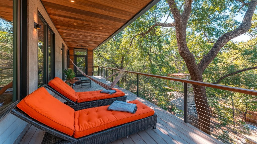 Großzügiger Balkon eines modernen Holzhauses mit zwei gemütlichen Rattan-Sofas mit orangefarbener Auflage und Blick in die grüne Natur.
