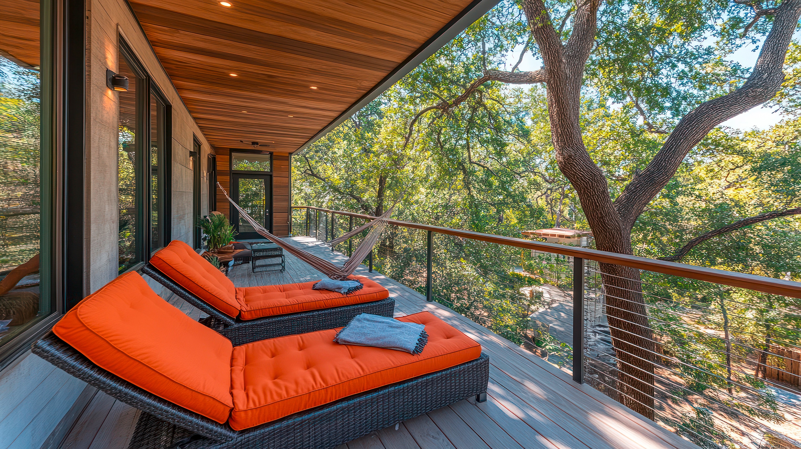 Großzügiger Balkon eines modernen Holzhauses mit zwei gemütlichen Rattan-Sofas mit orangefarbener Auflage und Blick in die grüne Natur.