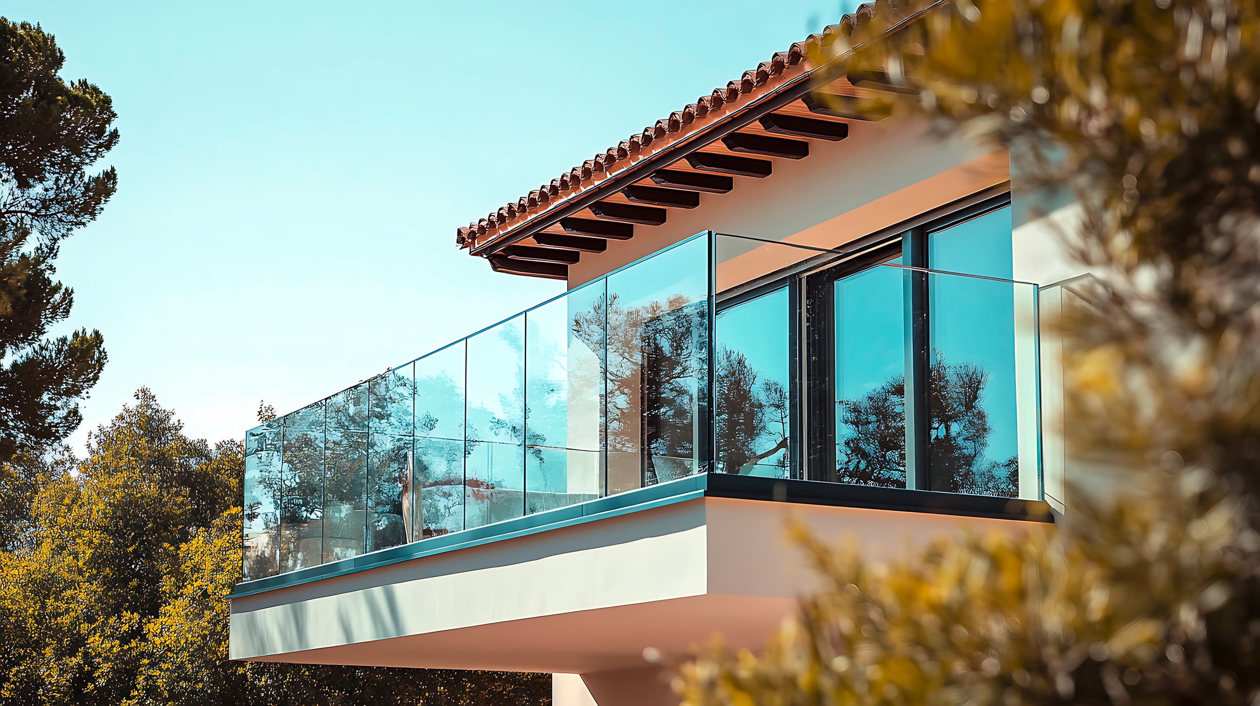 Moderner Balkon mit Glasgeländer mit Blick auf Bäume und sonnigen Himmel.