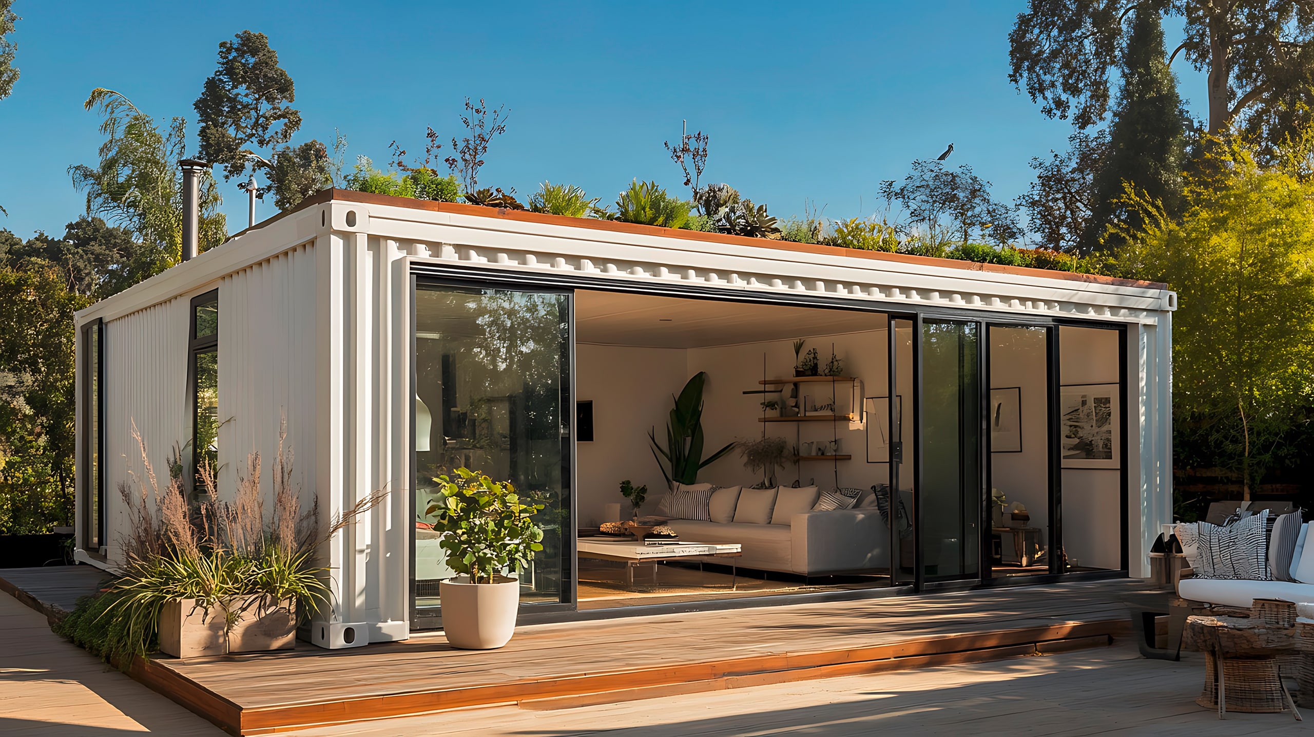 Modernes Containerhaus in weiß, großen Glastüren, einer ökologischen Dachbegrünung und einer Holzterrasse.