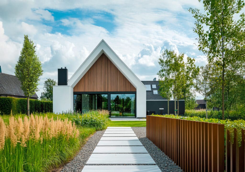 Moderner Zaun aus weißem Holz umgibt das Haus, auf einer Seite mit vertikalen Latten.