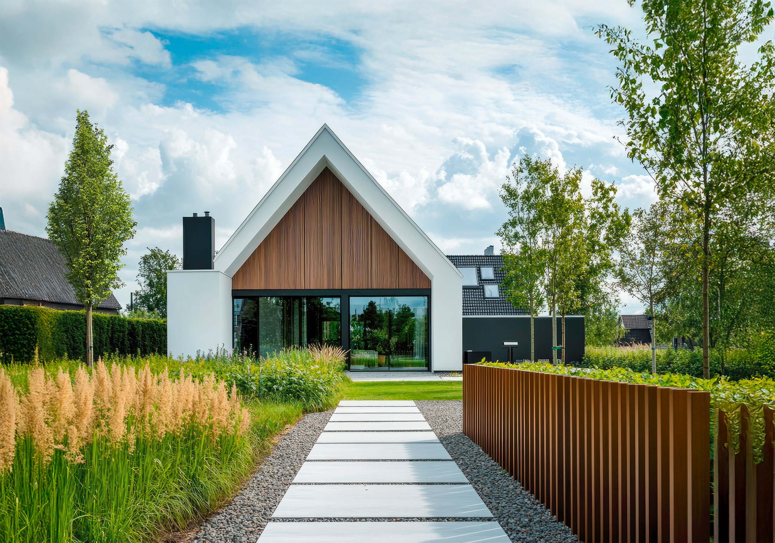 Moderner Zaun aus weißem Holz umgibt das Haus, auf einer Seite mit vertikalen Latten.