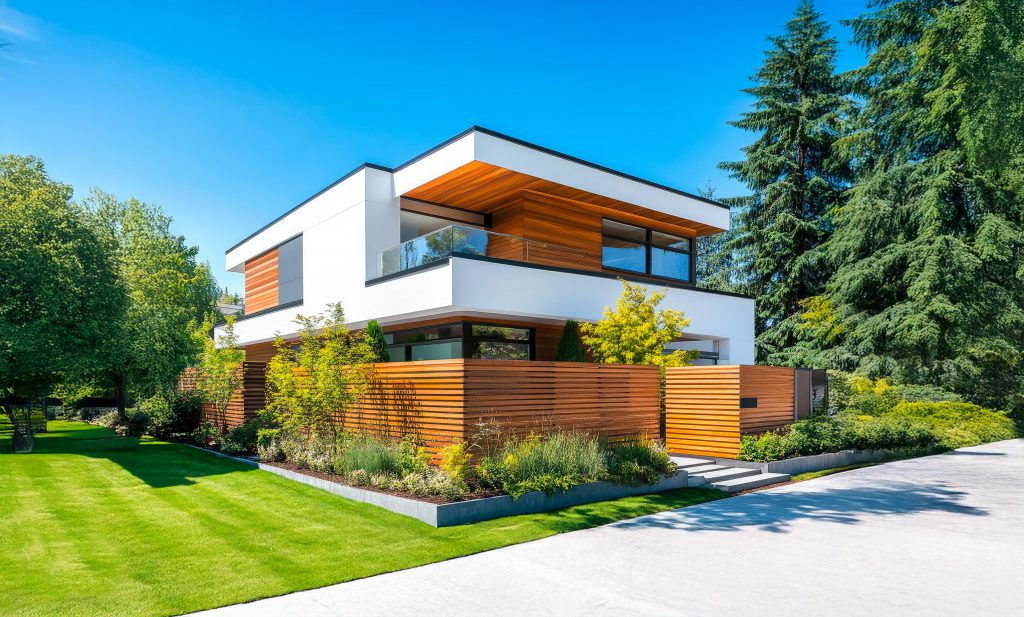 Modernes Einfamilienhaus mit Flachdach in weiß mit partiellen Holzverkleidungen an der Fassade und am Unterdach, sowie Holzzaun im selben Material mit horizontalen Latten und bepflanzter, uneinsichtiger Gartenbereich.