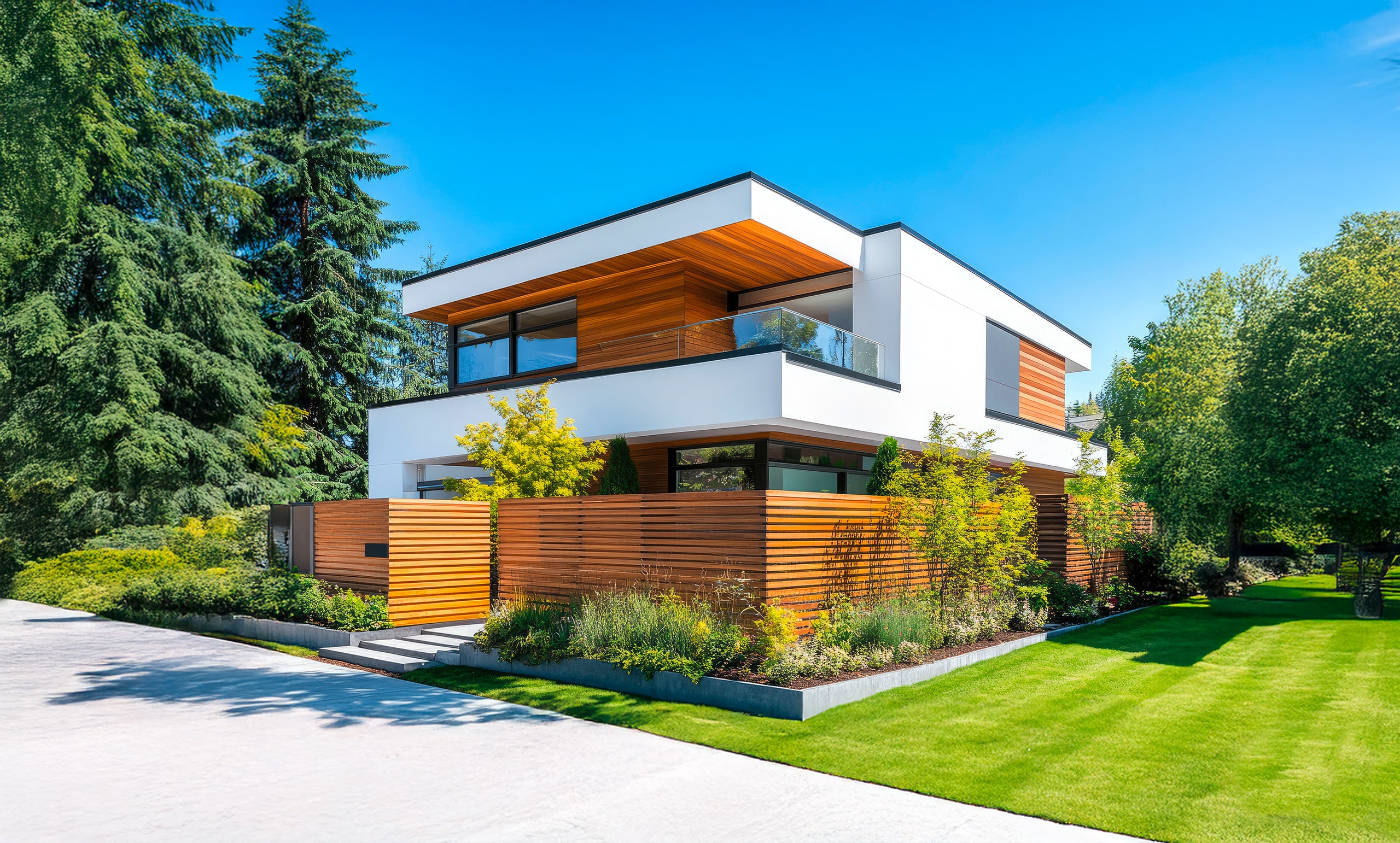 Modernes Einfamilienhaus mit Flachdach in weiß mit partiellen Holzverkleidungen an der Fassade und am Unterdach, sowie Holzzaun im selben Material mit horizontalen Latten und bepflanzter, uneinsichtiger Gartenbereich.