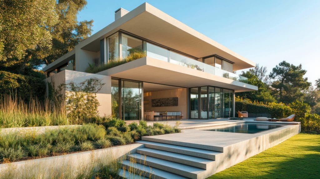 Modernes Haus mit Flachdach und großzügigem Balkon mit Glasgeländer über die gesamte Gebäudebreite, sowie Pool und breite Treppe in den Garten.
