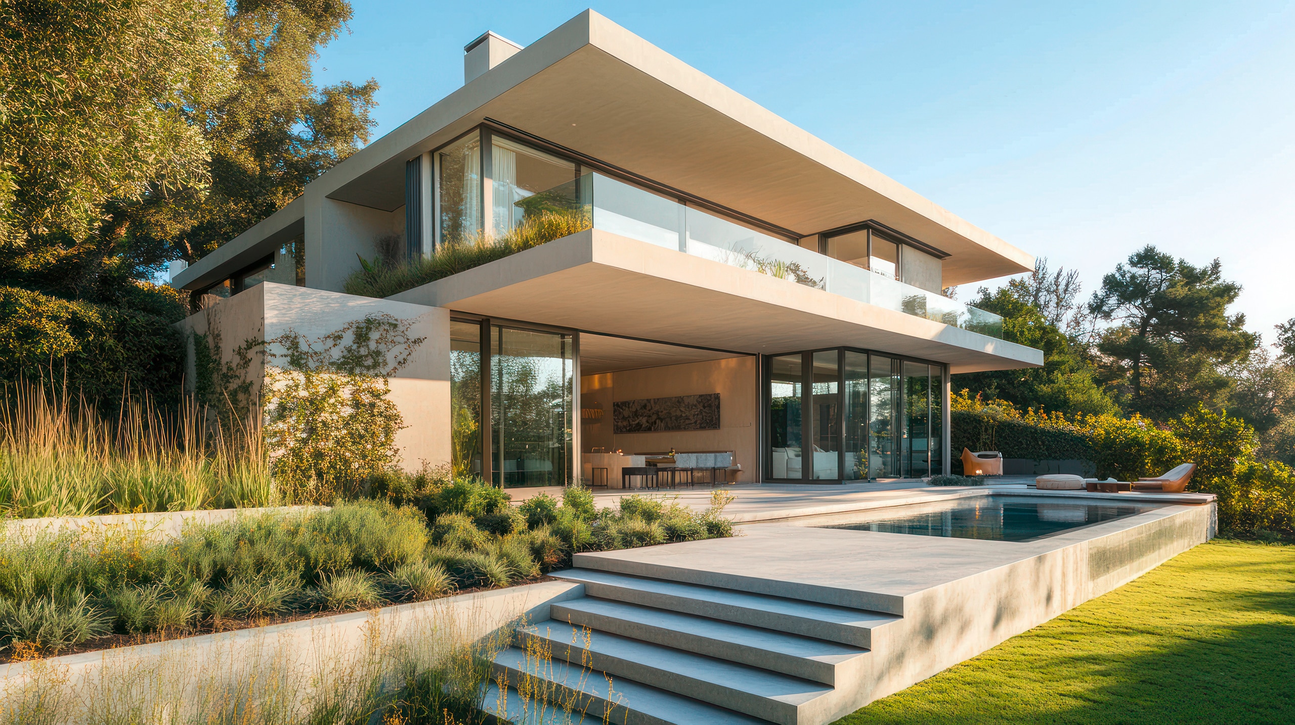 Modernes Haus mit Flachdach und großzügigem Balkon mit Glasgeländer über die gesamte Gebäudebreite, sowie Pool und breite Treppe in den Garten.