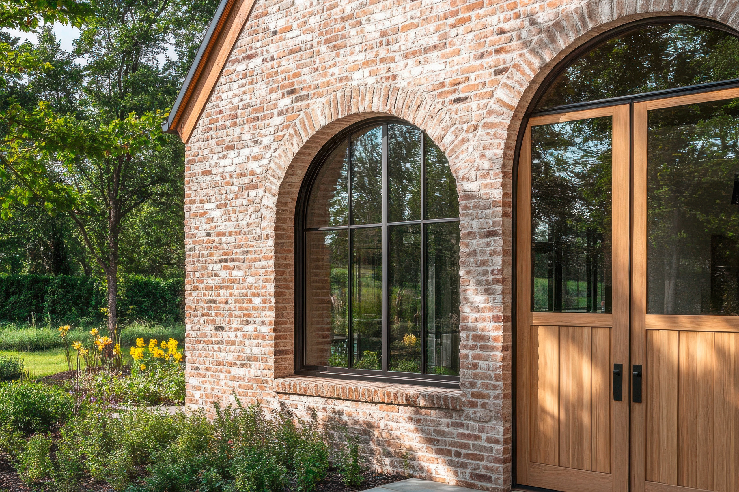 Wunderschöne Backsteinfassade eines modernen Hauses mit großen Bogenfenstern und Holztüren in einer ruhigen Gartenanlage bei Tageslicht.
