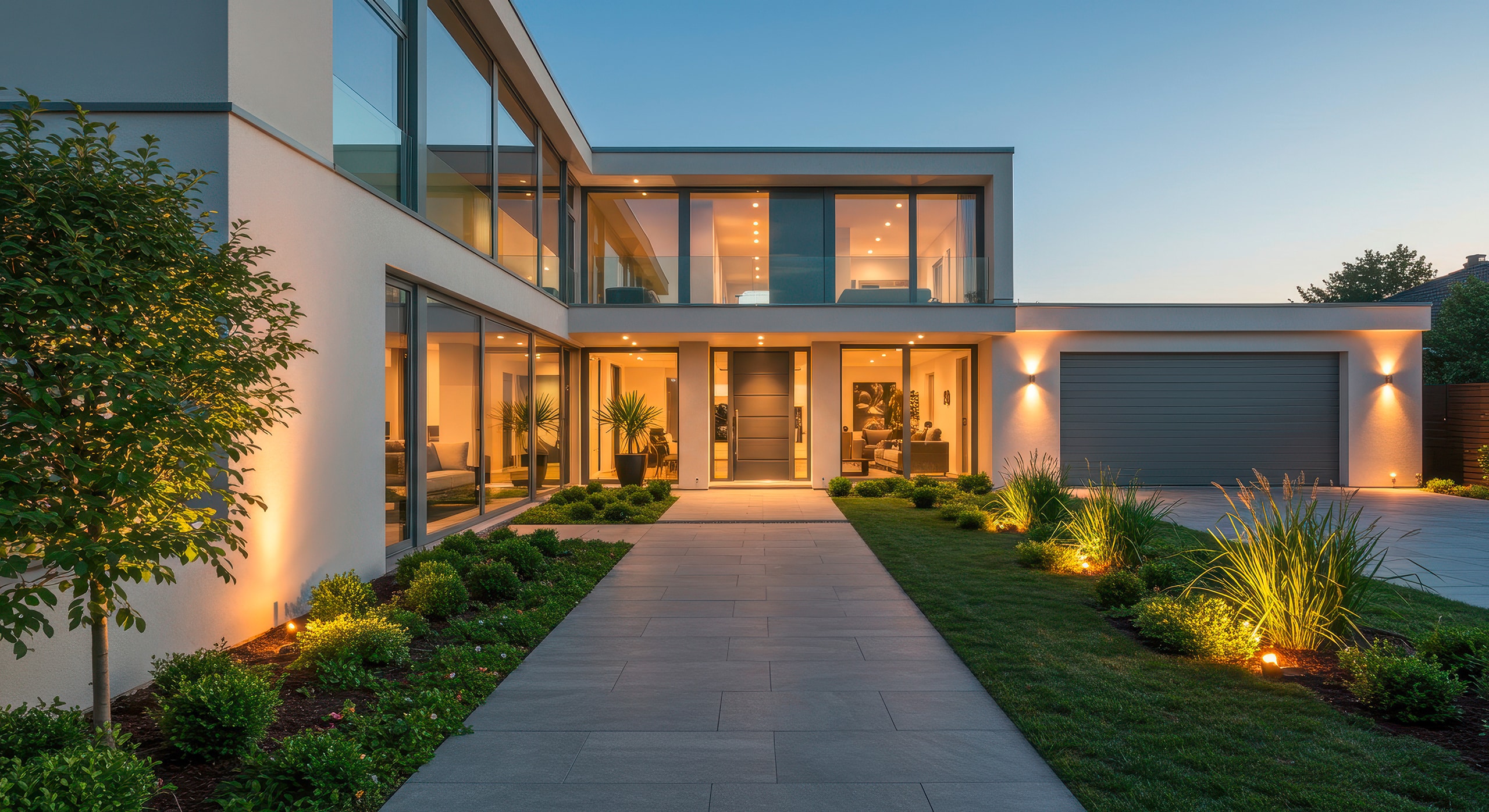 Außenansicht eines modernen, geradlinigen Hauses mit atemberaubendem Design, attraktiver Gartenbeleuchtung und architektonischen Details.