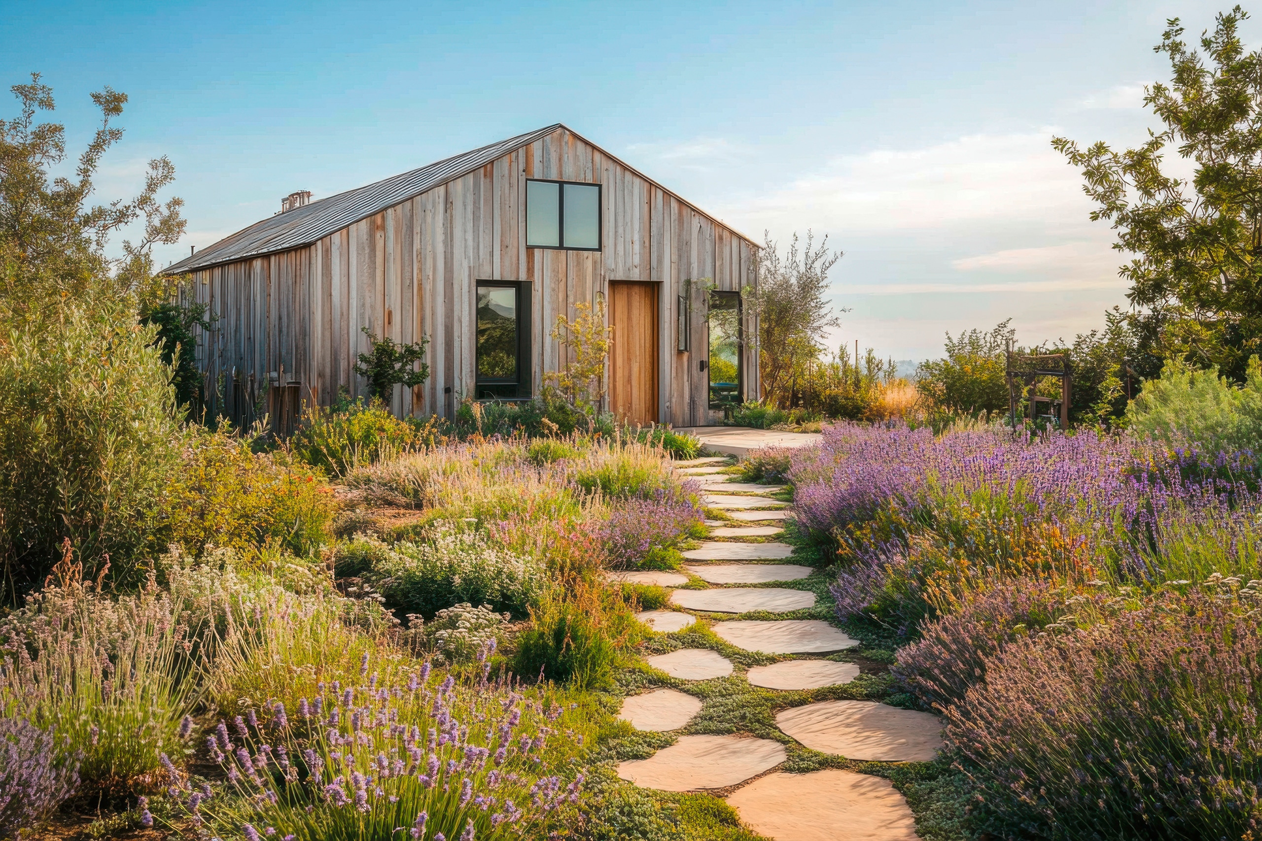 Nachhaltiges Holzhaus mit großen Fenstern und einem gepflegten Garten voller farbenprächtiger Pflanzen. An einem sonnigen Tag fügt sich das Haus harmonisch in die natürliche Landschaft ein.