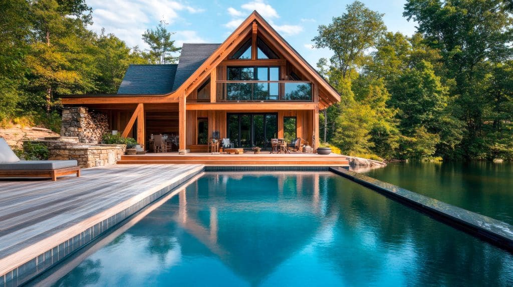 Luxuriöse modernes Massivholz-Chalet mit Pool und großzügigem Terrassenbereich aus Holzdielen, sowie Blick auf einen See.